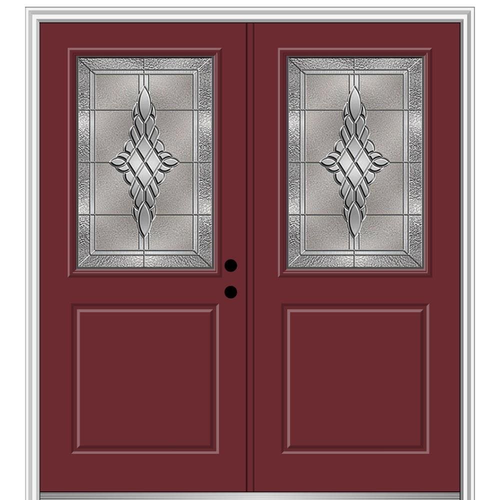 MMI DOOR ZZ365685L 72-in x 80-in x 4-9/16-in Fiberglass Half lite Left-hand inswing Burgundy Painted Prehung Double Front Door with Brickmould Insulating core