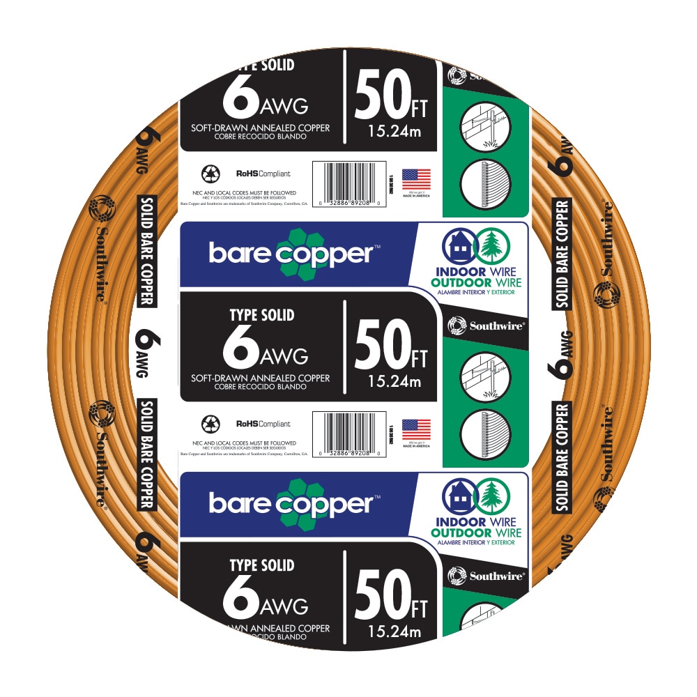 GROUND WIRE 6 AWG GAUGE SOLID BARE COPPER 100A SERVICE 6AWG cut to order  per 10