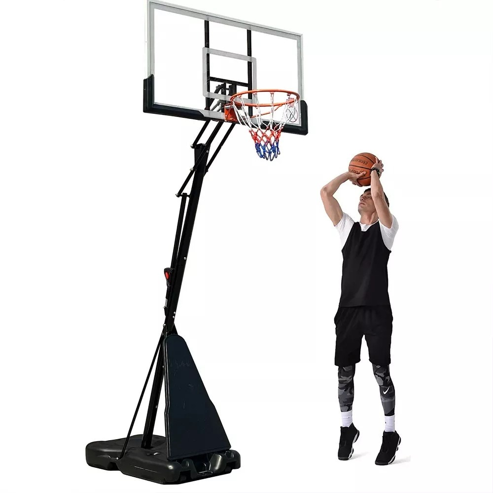 Fenbeli Black Portable Basketball Hoop with 54-in Backboard 8-ft to 10-ft Adjustable Height and 2 Wheels for Outdoor Play