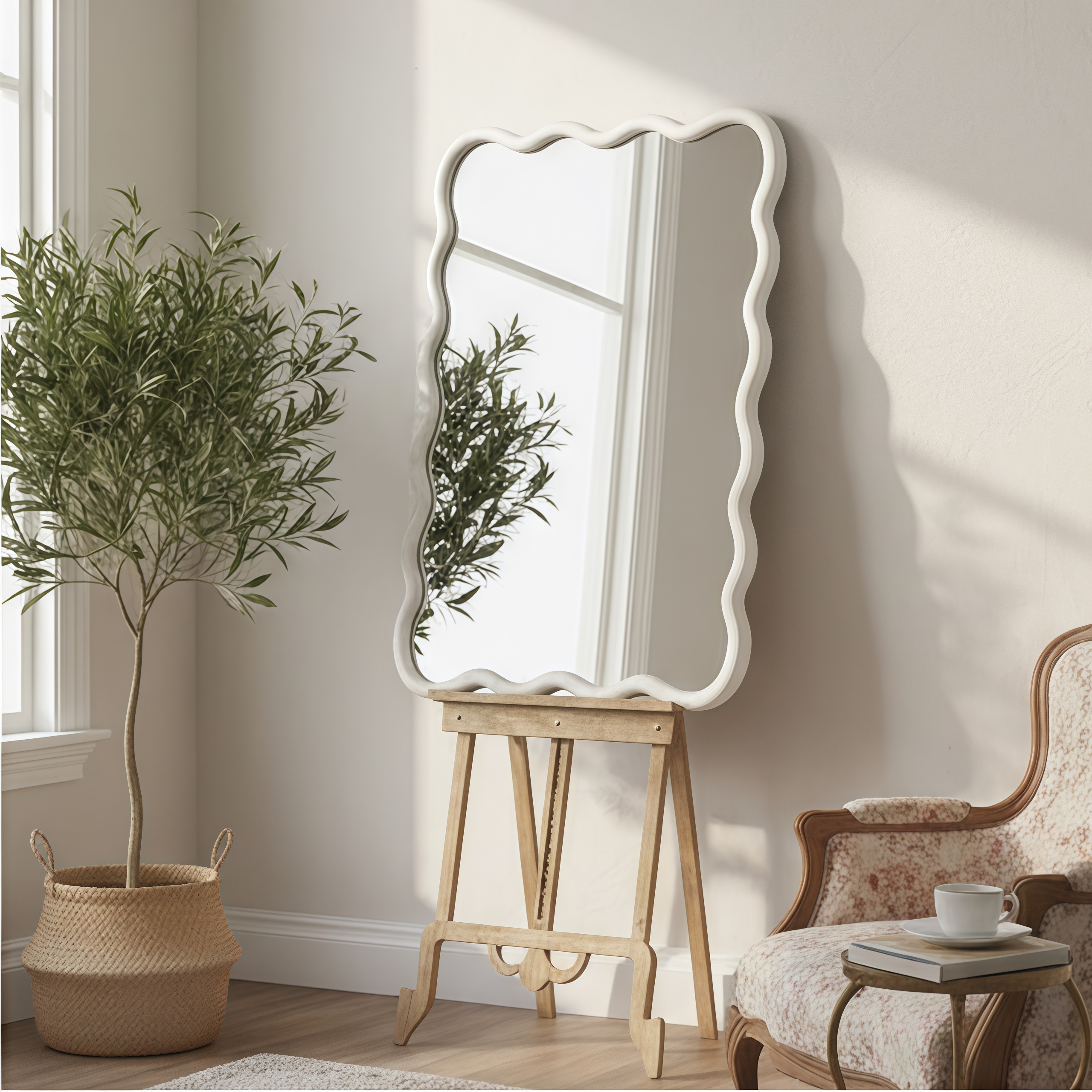 JUSHUA White Color 24 Inchesx36 Inches Wavy Rectangle Solid Wood Frame Decorative Mirror For Bedroom Bathroom Living Room Entryway