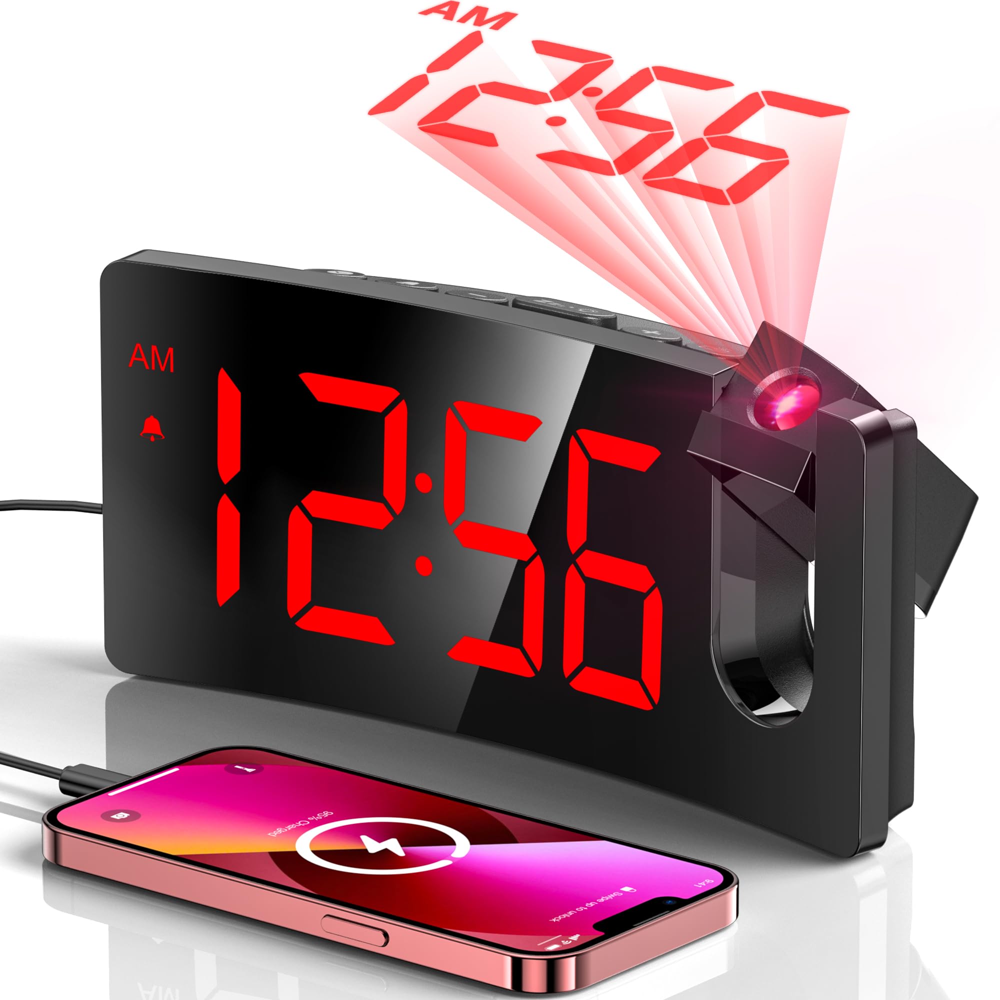 Phewnyzo  Digital Projection Alarm Clock with 180 Degree Rotatable Projector Large LED Display and USB Charging Port for Bedroom