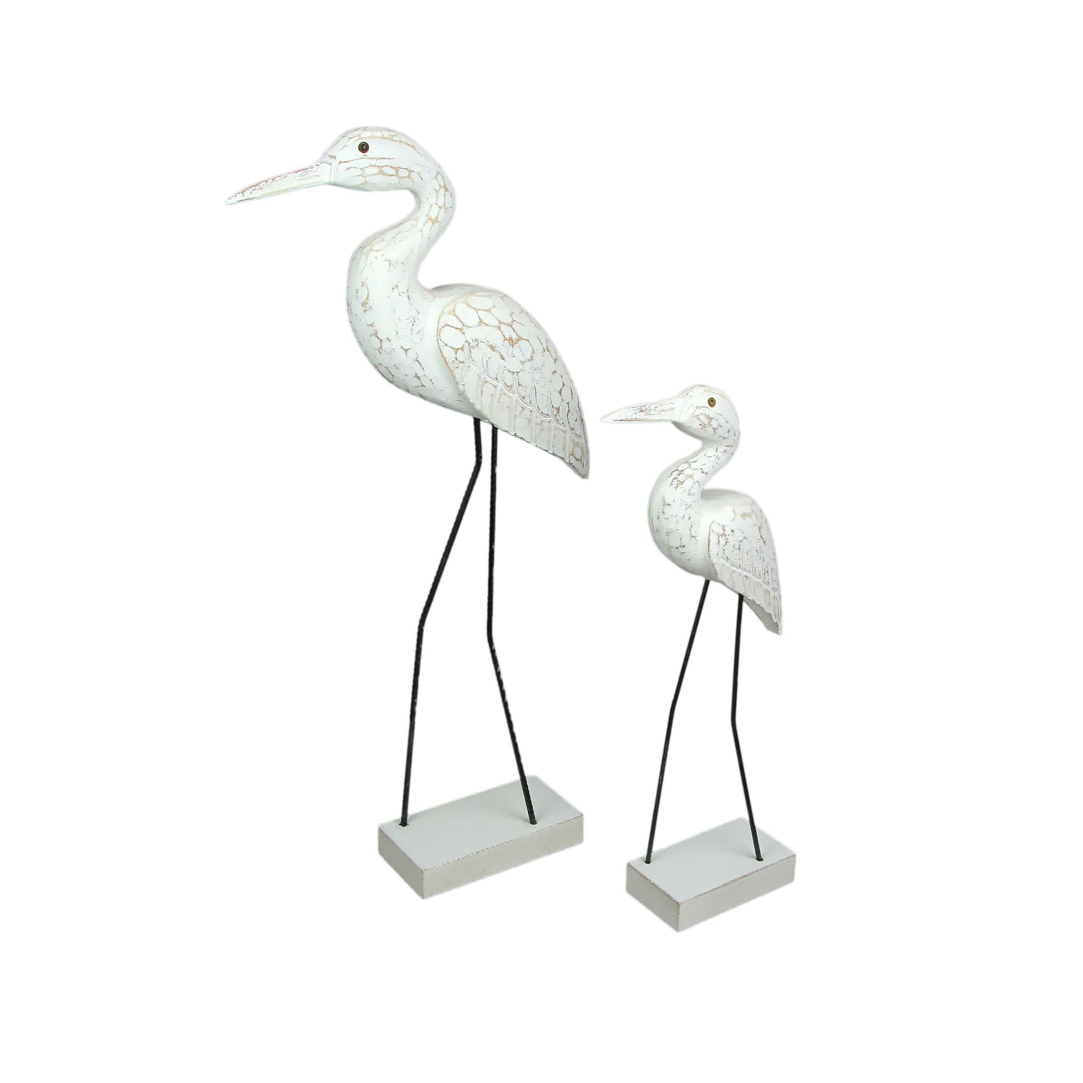 Things2Die4 JDY-41396-41397-SET Set of 2 Hand Carved Wood and Metal White Egret Bird Statues Coastal Decor