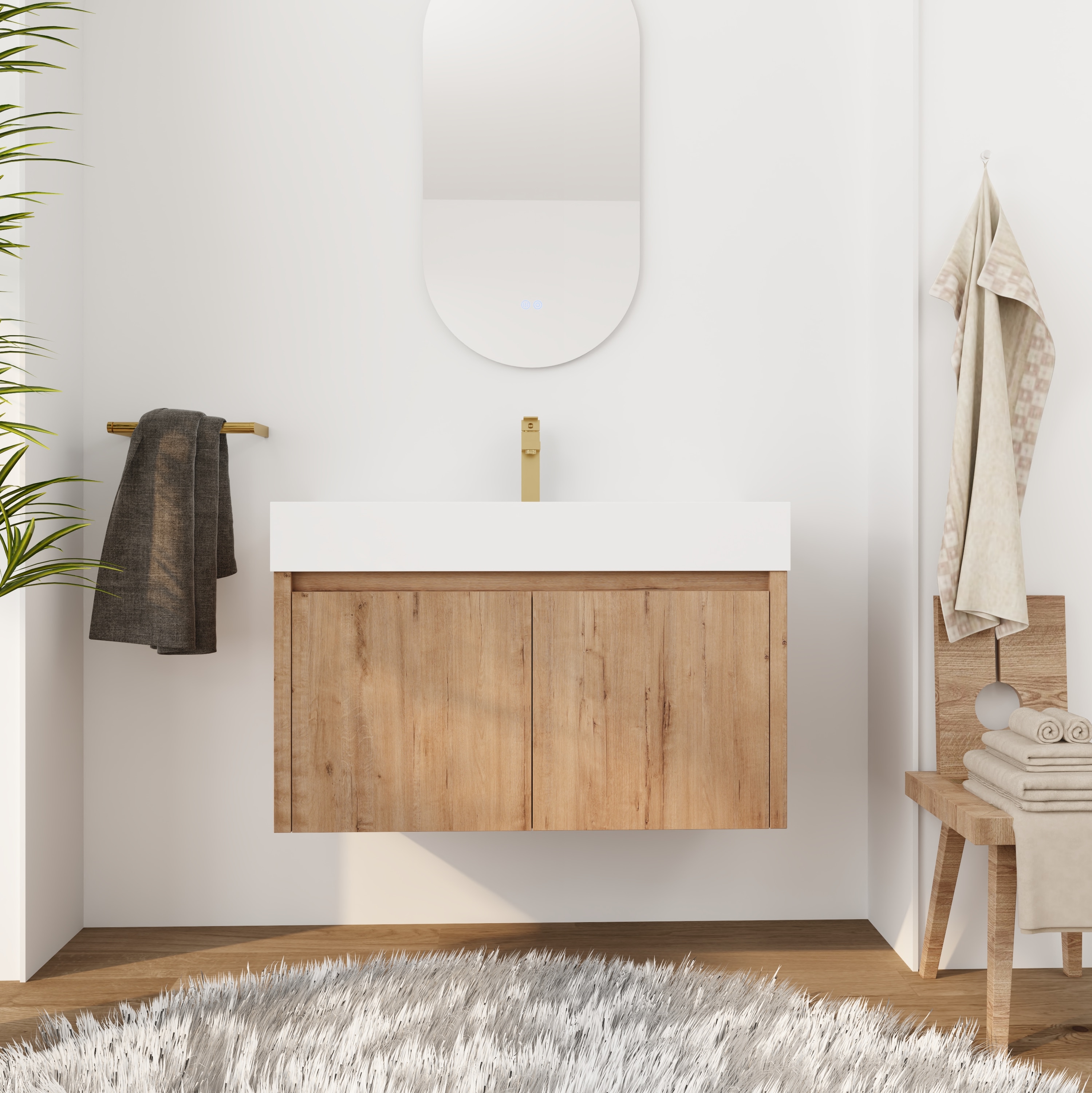 Forclover QNM-0336-WSG Floating Soft-Closing 35-in Imitative Oak Single sink Floating Bathroom Vanity with White Cultured marble Top