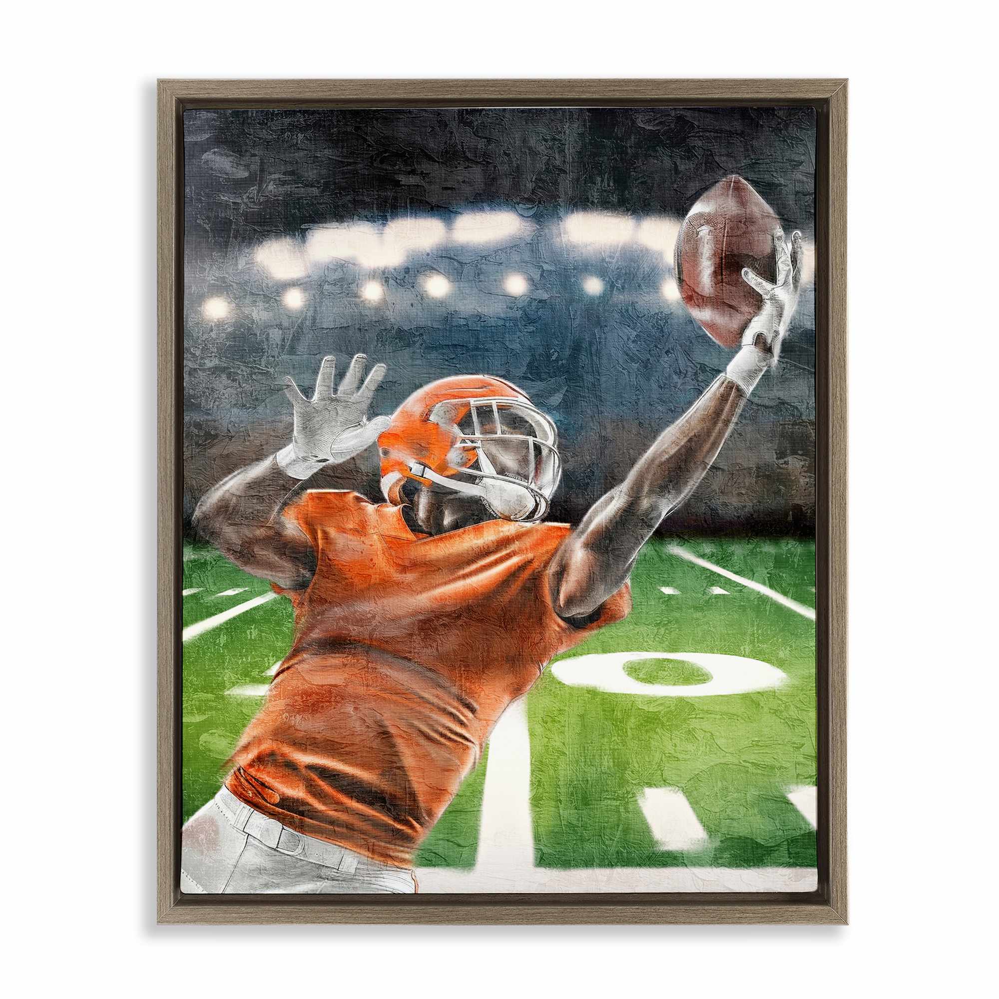 Stupell Industries BS-090-FFE-16X20 Athlete Catching Football Brown Framed Floater Canvas Wall Art By Kim Allen 17 x 21