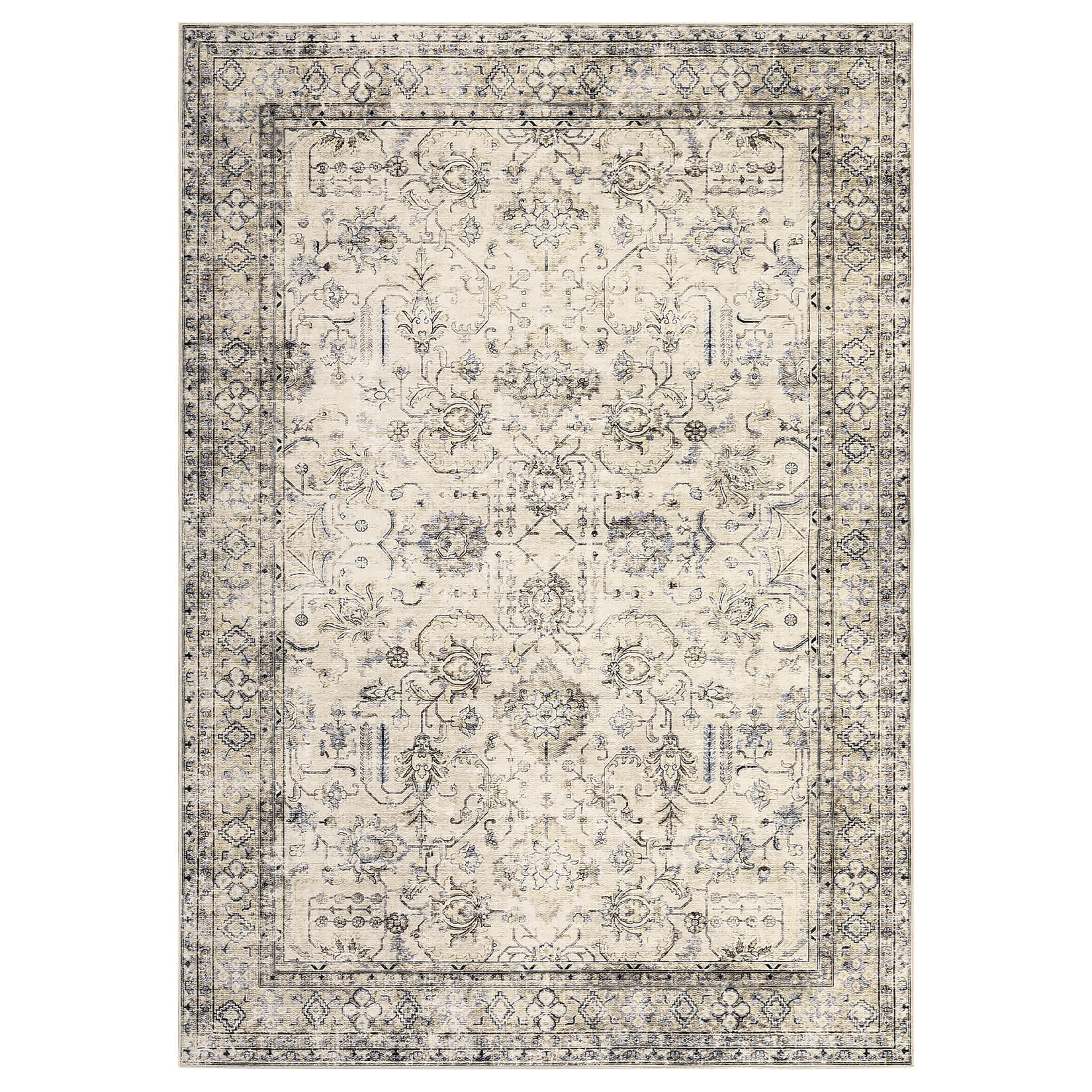 WhizMax SUNNY-PHO-0ZTAHD15 8 x 10 ft Polyester Beige Rectangular Bedroom Living Room Kitchen Dining Room Home Office Distressed Floral Print Vintage Machine Washable Area Rug
