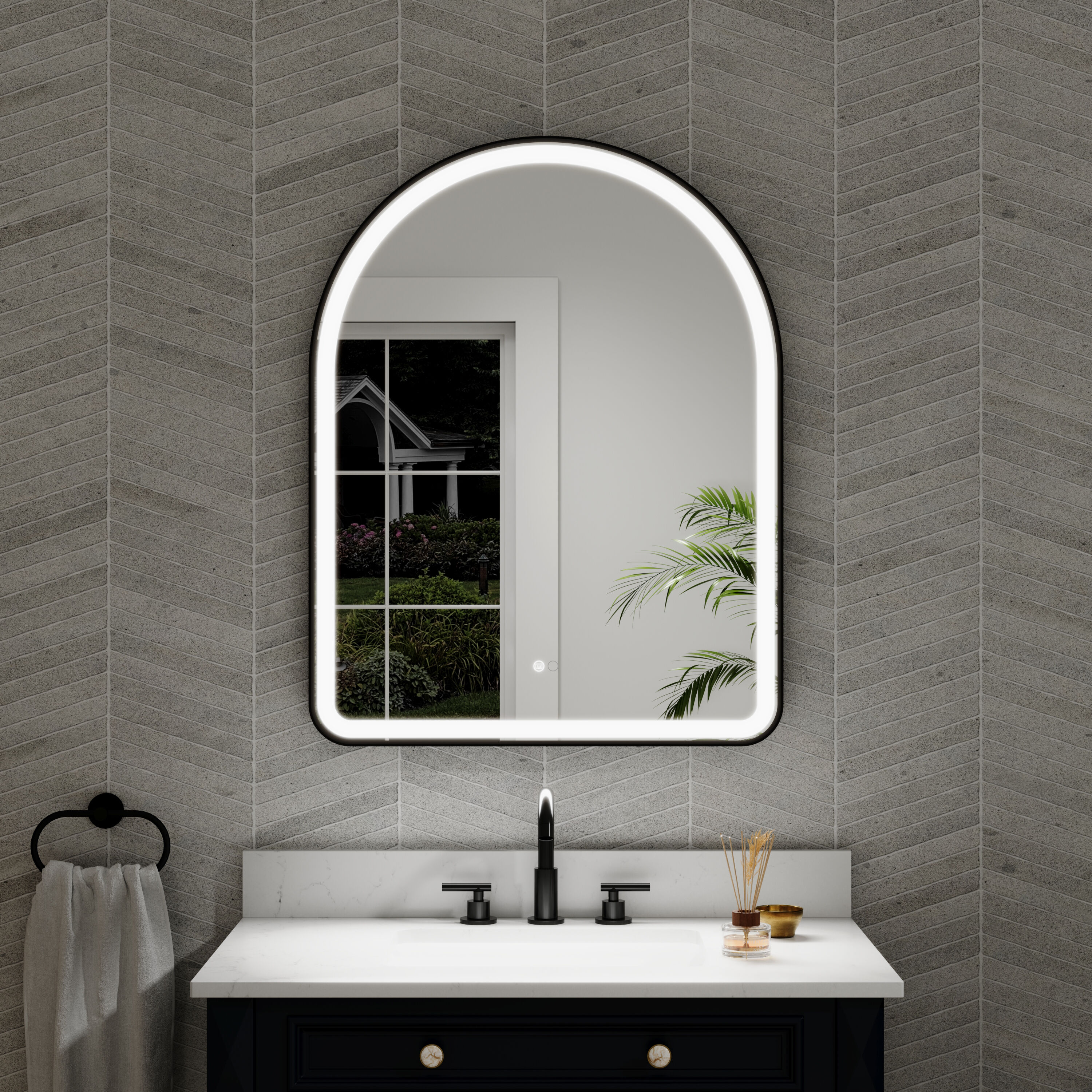 WELLFOR GIZBRX06Q BONIE 28-in x 36-in Framed Arch Dimmable LED Lighted Fog Free Bathroom Vanity Mirror ( Matte Black )