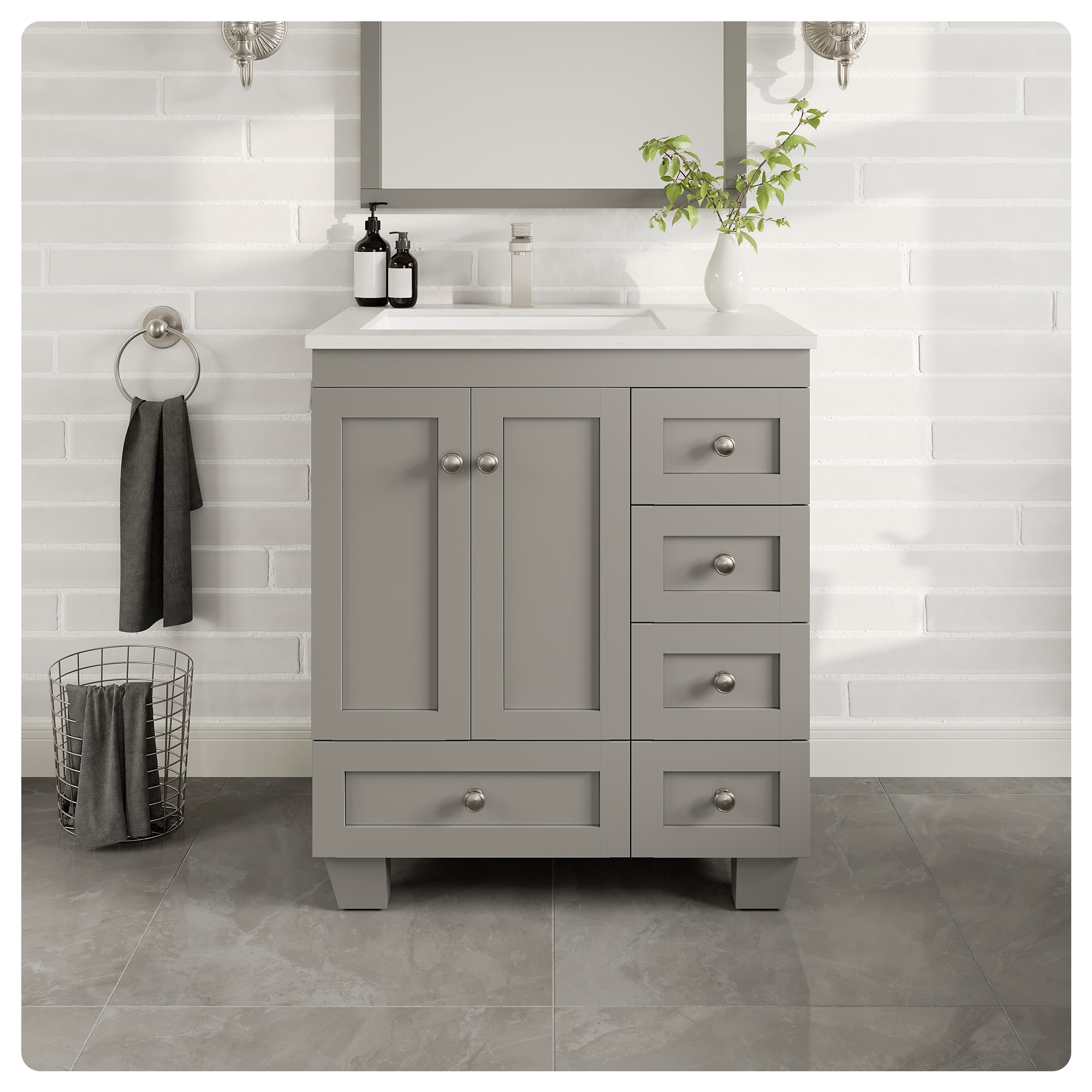 Eviva EVVN30-30X18GR-Q Happy 30-in Gray Undermount Single Sink Bathroom Vanity with White Quartz Top