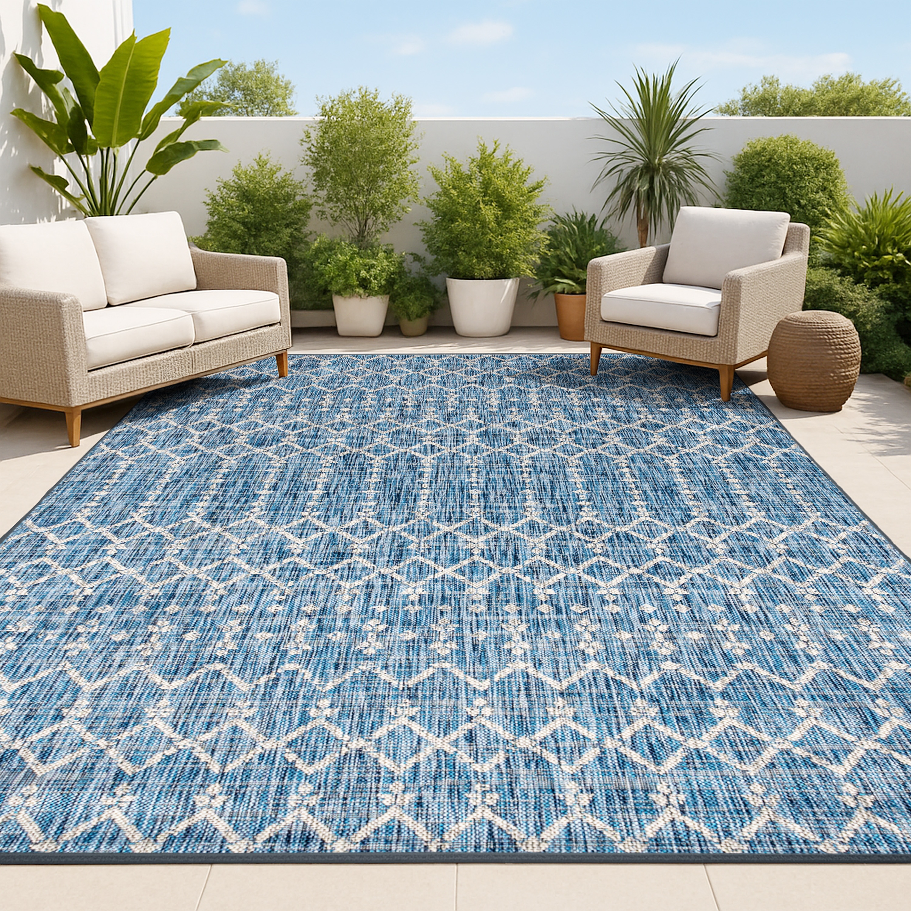 JONATHAN  Y SMB108B-8 Santa Monica Ourika Filigree Textured Weave 8 x 10 (ft) Loomed Polypropylene Navy/Light Gray Rectangular Indoor/Outdoor Distressed/Overdyed Coastal Area rug