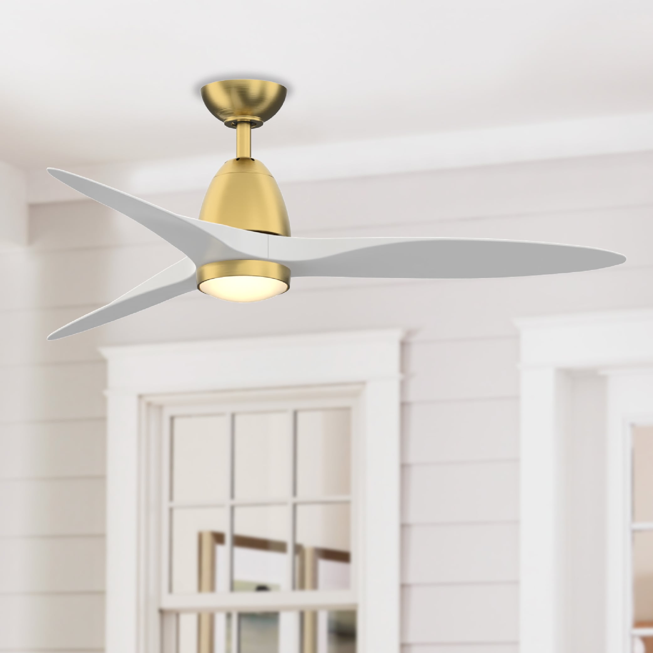 Fanimation Studio Collection LP8333LBS Prop 52-in Color-Changing Integrated LED Outdoor Brushed Satin Brass with Matte White Blades Propeller Ceiling Fan With Light - Remote Included ( 3 -Blade )