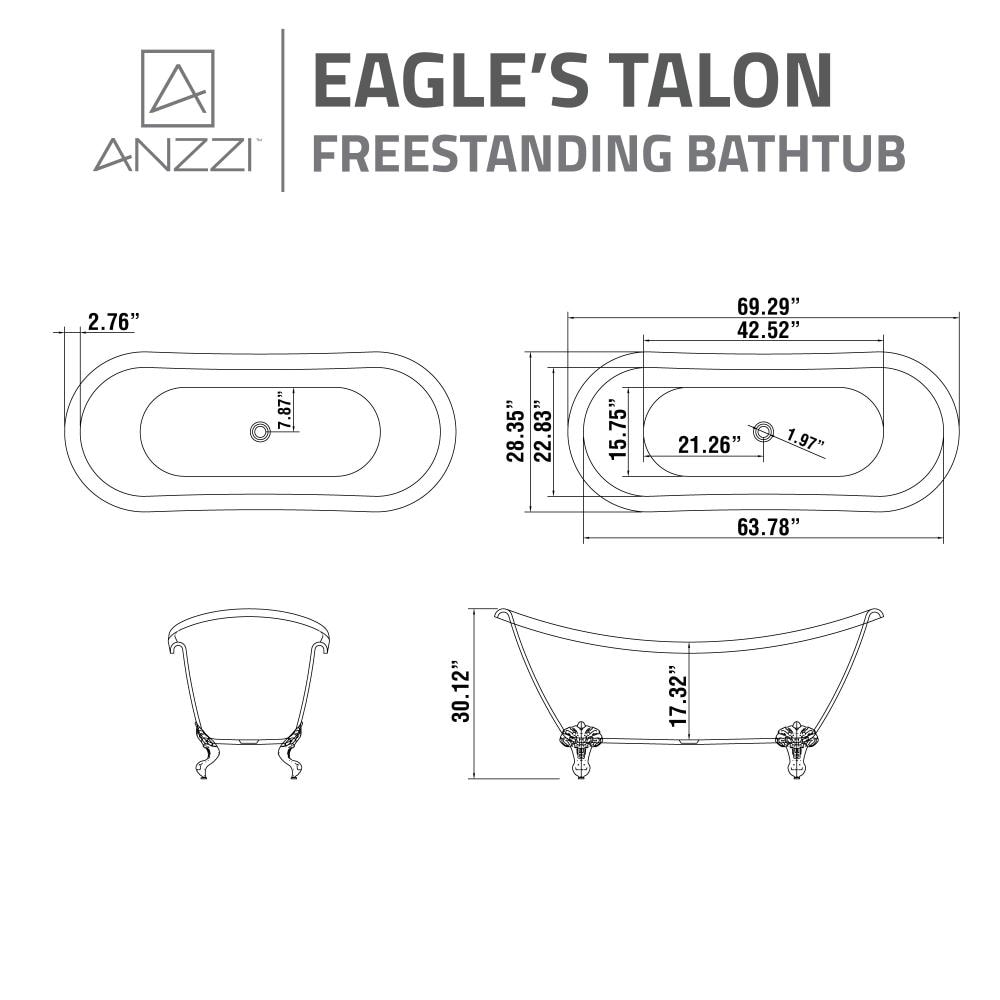 Belissima 69'' White Acrylic Clawfoot Freestanding Bathtub