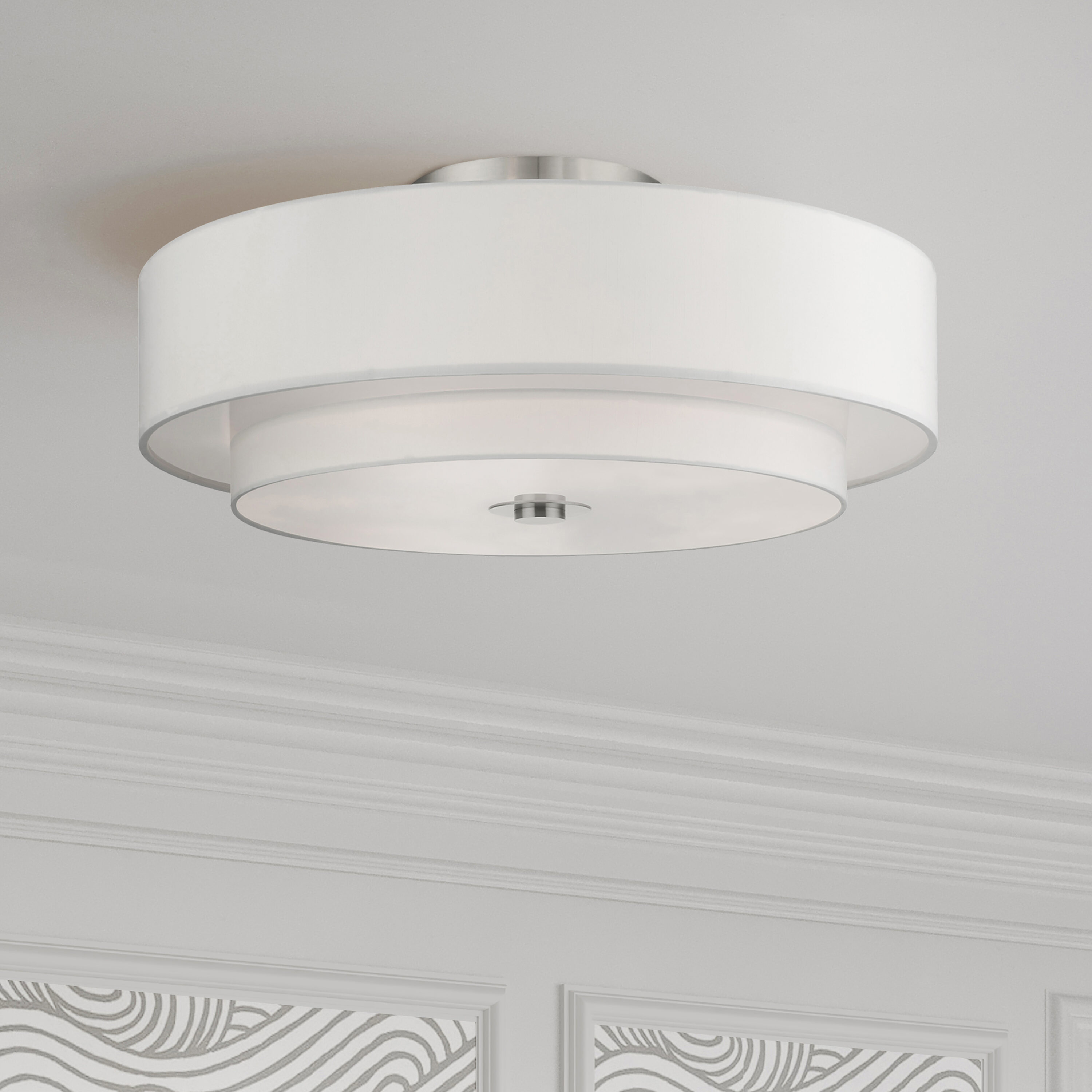 Modern Brushed Nickel 6-Light Drum Semi-Flush Mount with Glass Shade