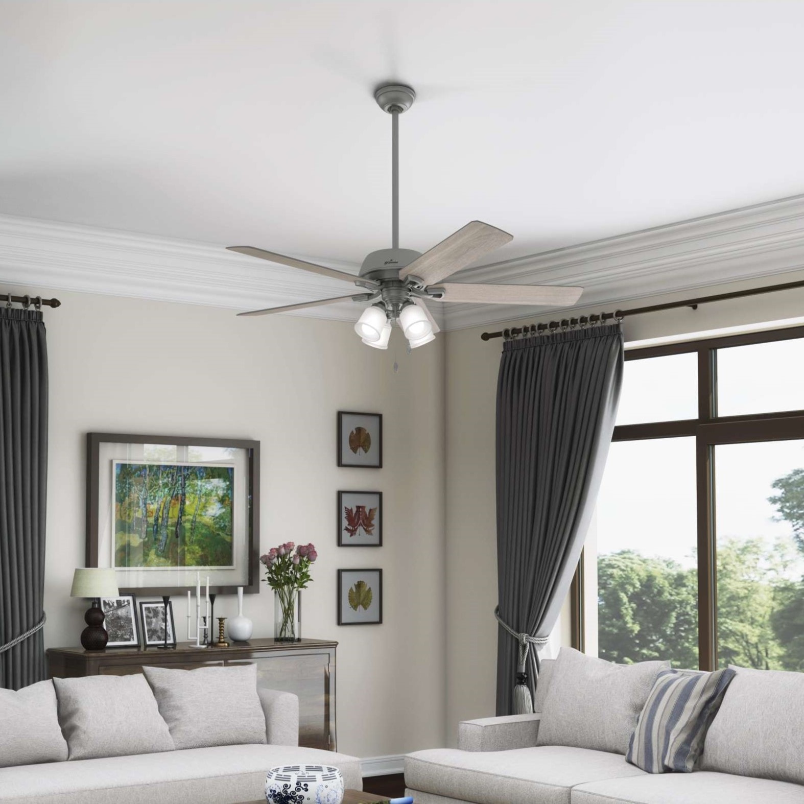 Hunter 50237 Kenilworth SureSpeed 60-in Matte Silver with Light Gray Oak Blades LED Indoor Ceiling Fan with Light (5-Blade)
