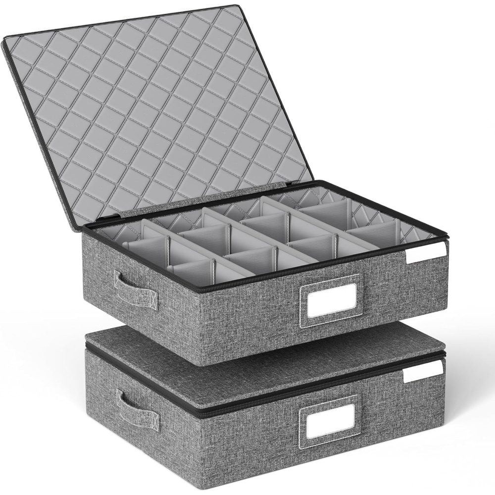 Baginizer  Cup and Mug Storage Box 2 Pack Hard Shell with Dividers Stackable Organizers with Lid Handles Zips Label for Coffee Mugs Tea Cups Glasses Moving Holds 12 Grey