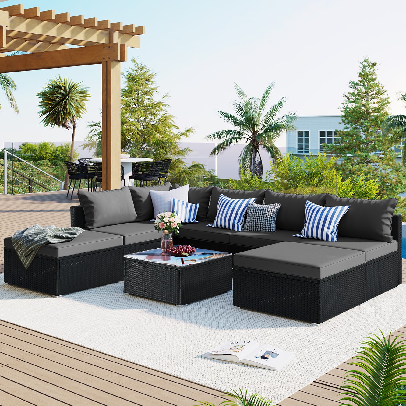 Afoxsos LSSA11OT036 8 -Piece Wicker 2 Patio Sofa Conversation Set with Gray Cushions