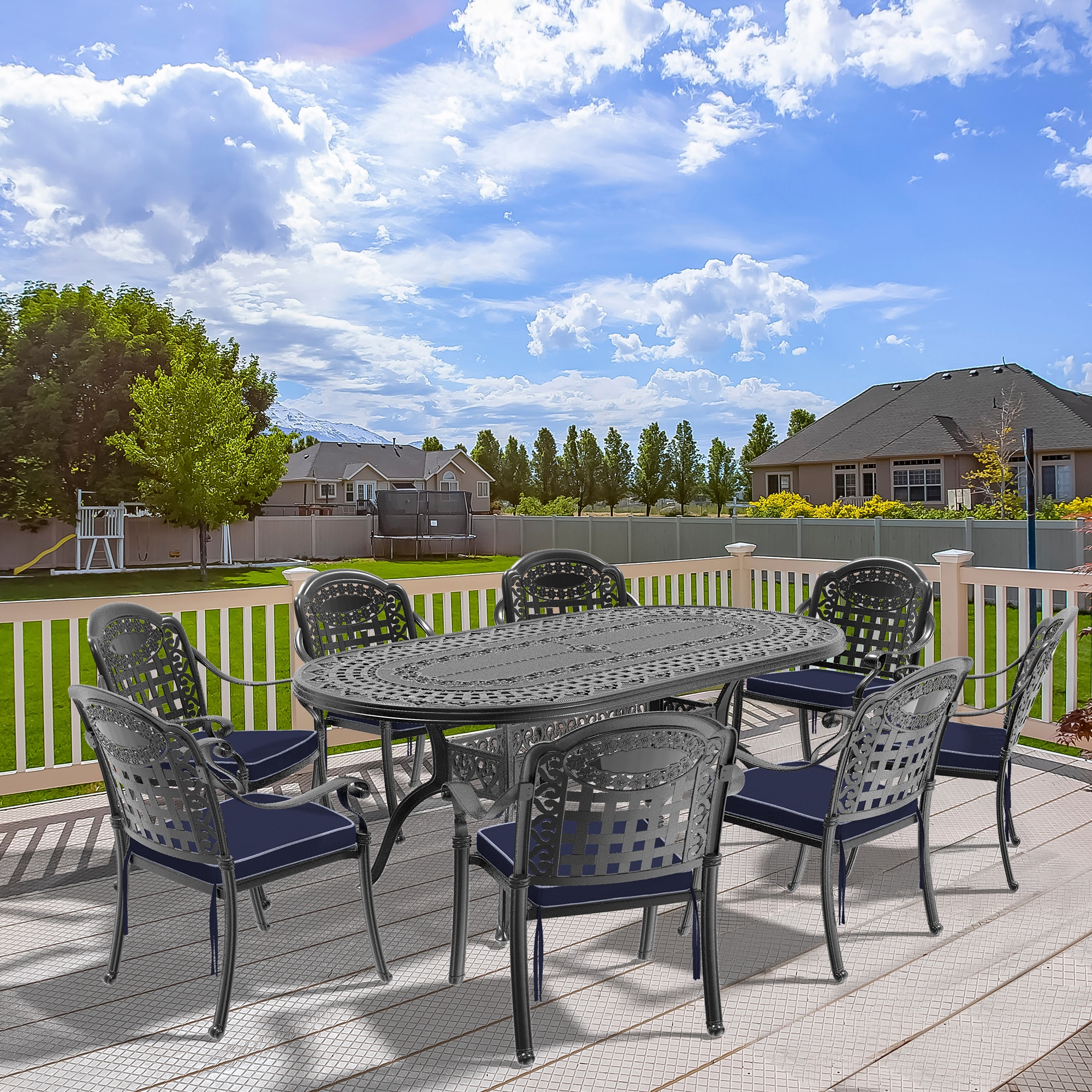 nicesure SLBK6012CZ8A1117RC 9 -Piece Black Patio Dining Set Aluminum Oval Table with 8 Cushions Stackable Stationary Chairs