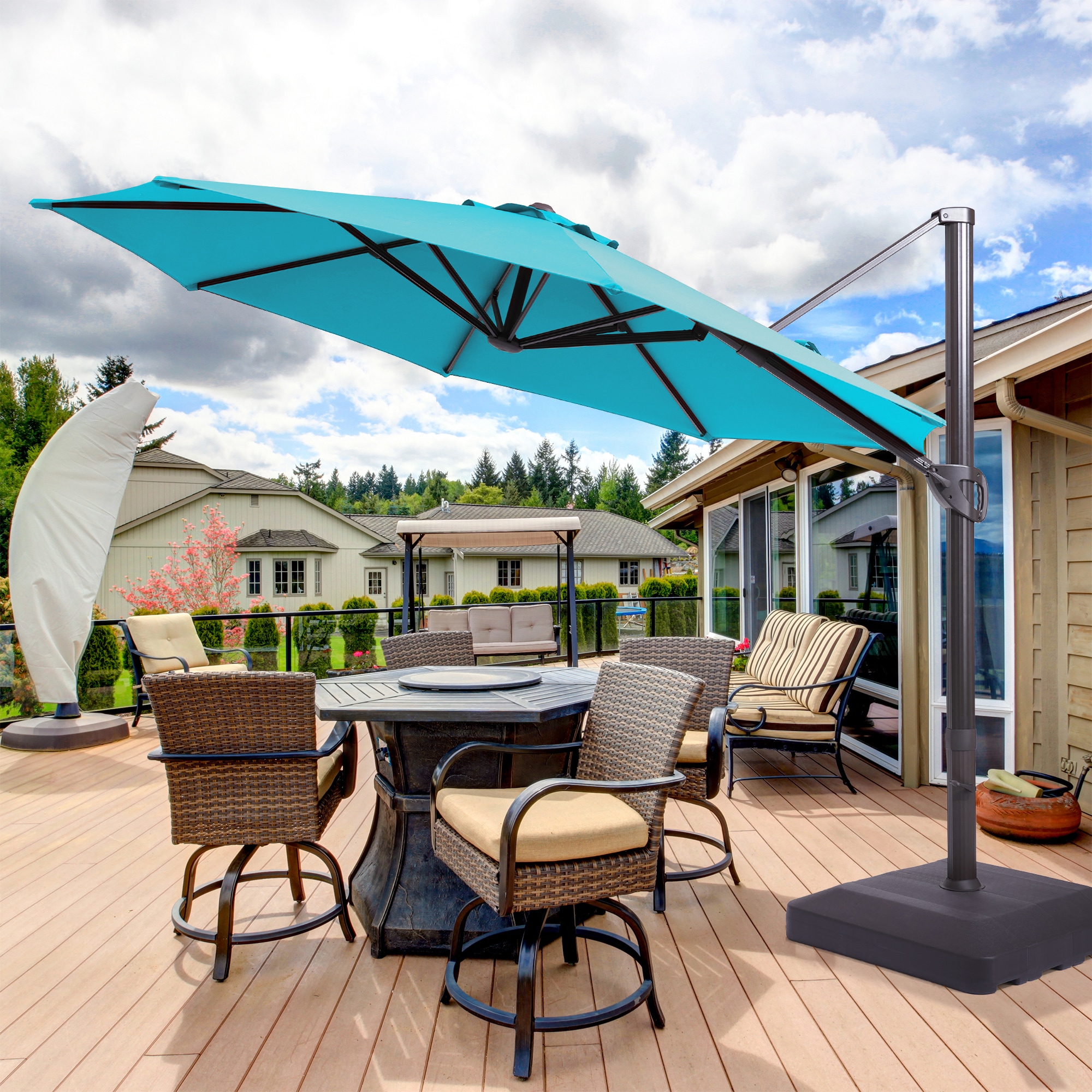 ACEGOSES LW-MCT-JC45LB 11-ft Aluminum Blue No-tilt Cantilever Patio Umbrella with Base