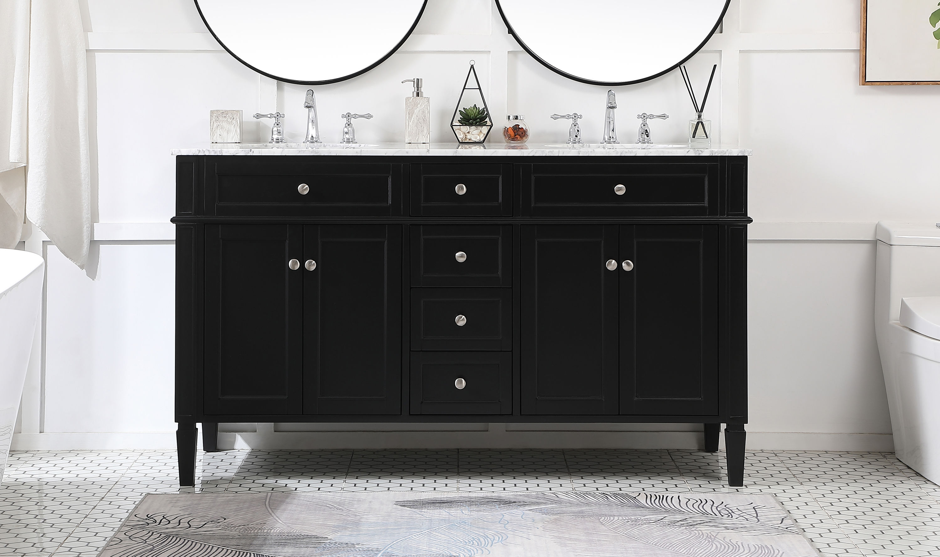 Elegant Decor HF37680DBK Home Furnishing 60-in Black Undermount Double sink Bathroom Vanity with Carrara White Marble Top