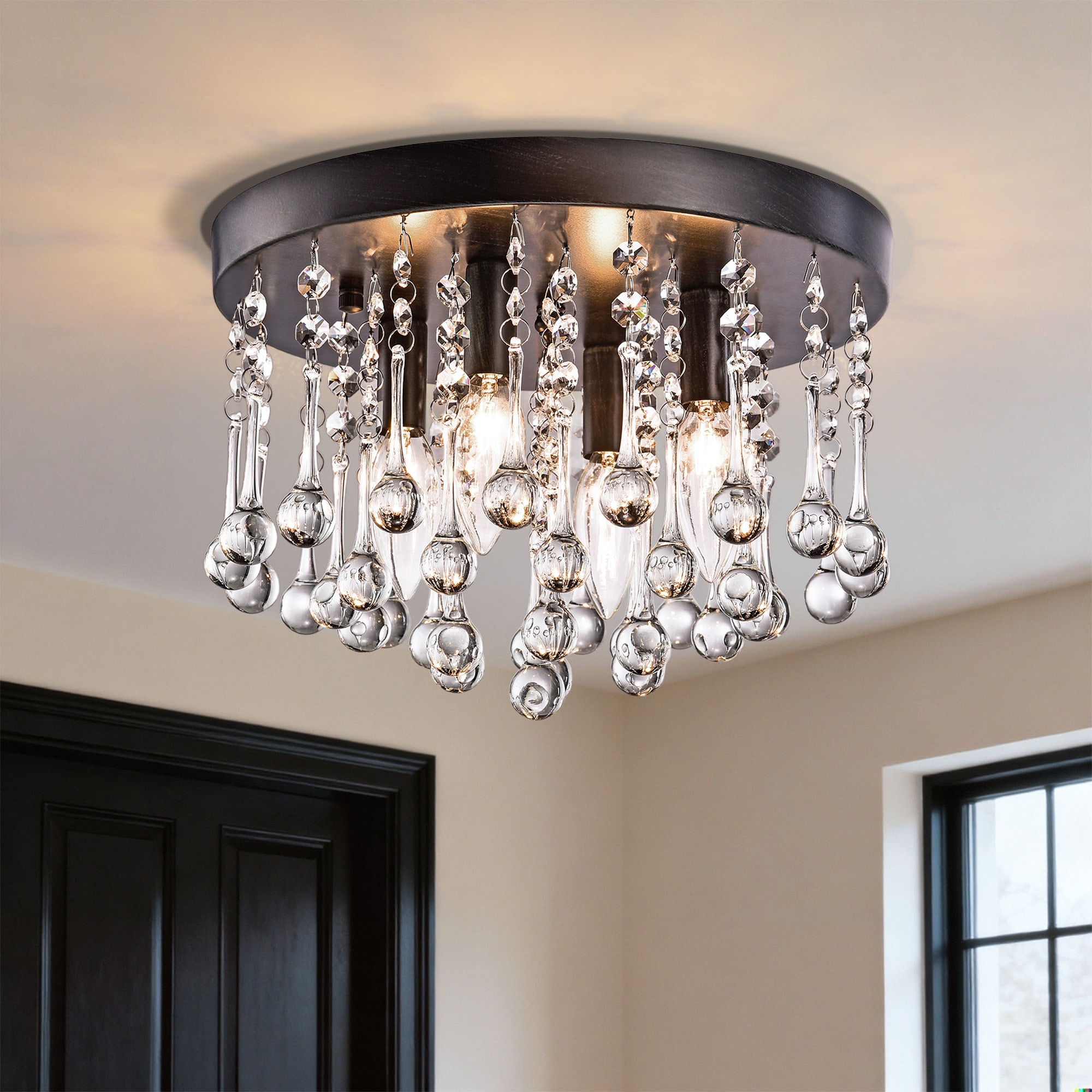 Maxax Theodora 13.77-in Black Indoor 1 -Light Flush Mount Light Crystal Shade