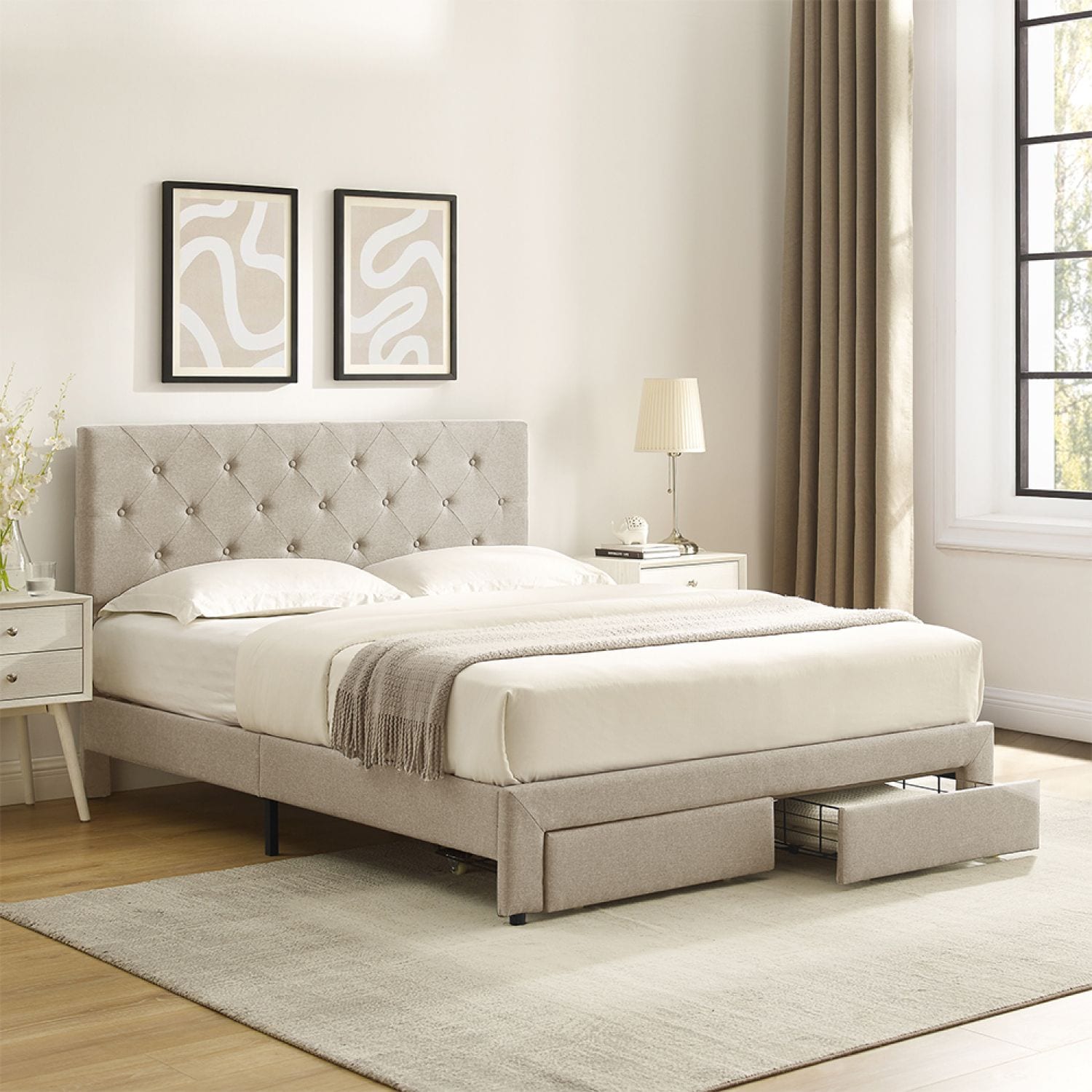 JASMODER W138565017 Beige Queen Composite Platform Bed with Storage
