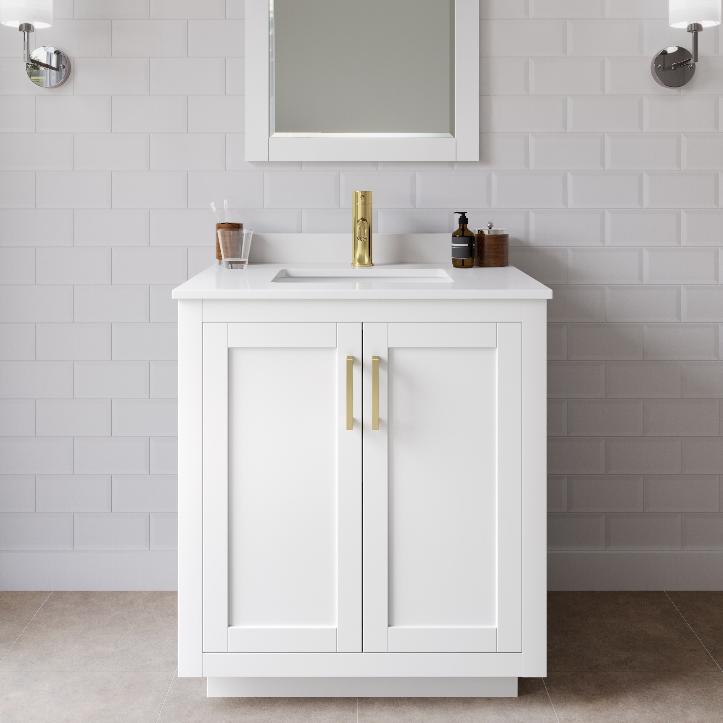 Wyndham Collection WCF292930SWGWCUNSM24 Miranda 30-in White with Brushed Gold Trim Undermount Single sink Bathroom Vanity with White Cultured Marble Cultured marble Top (Mirror Included)