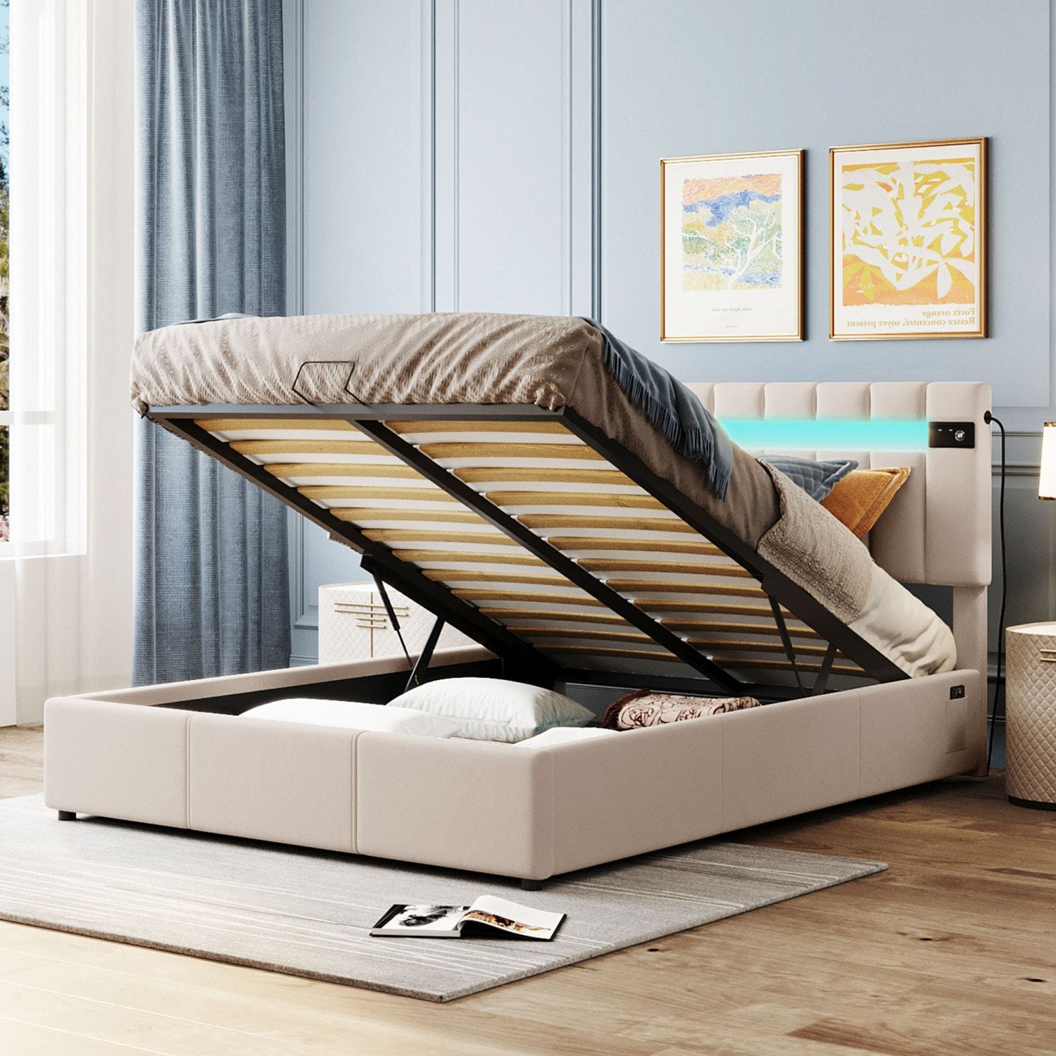 JASMODER LP000613AAA Beige Queen Composite Platform Bed with Storage
