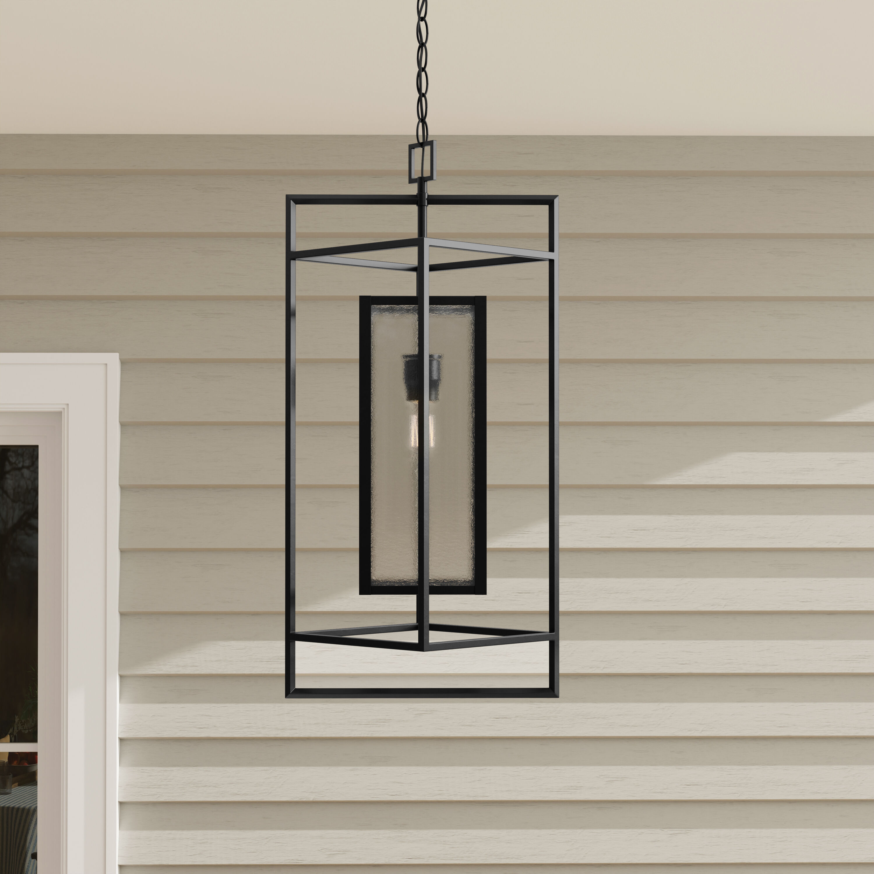 Matte Black Seeded Glass Outdoor Hanging Pendant Light