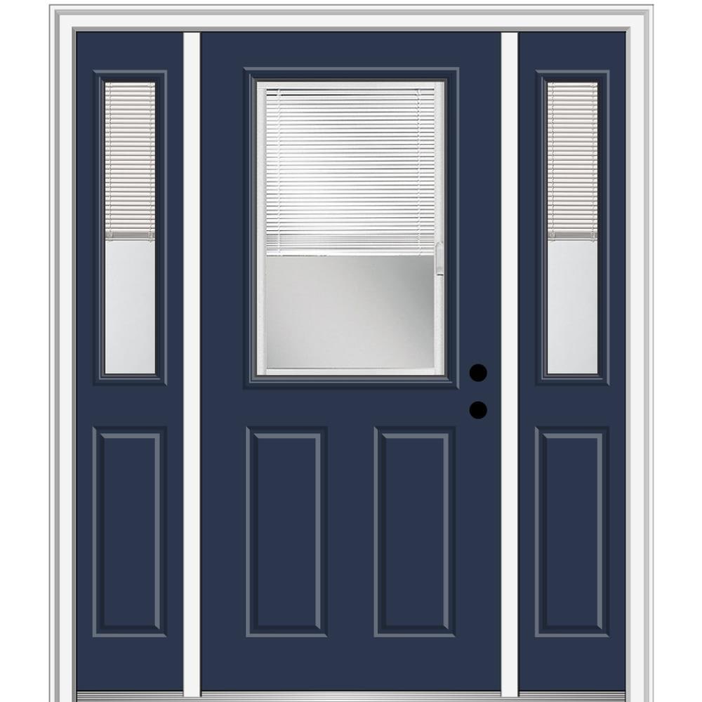 MMI DOOR ZZ10114L 60-in x 80-in x 4-9/16-in Fiberglass Half lite Left-hand inswing Naval Painted Prehung Front Door with Sidelights with Brickmould Insulating core with Blinds