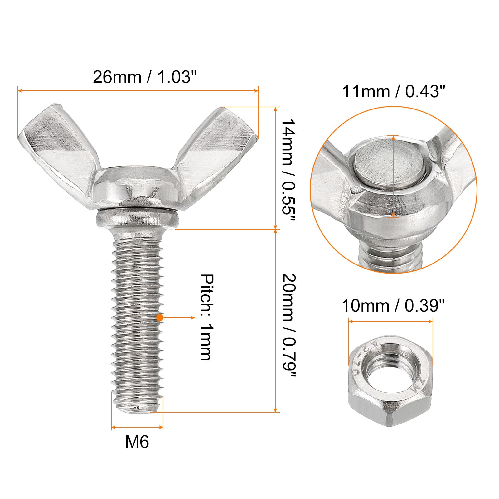 Unique Bargains 6pcs M6-1x20mm Wing Butterfly Screw Bolts with