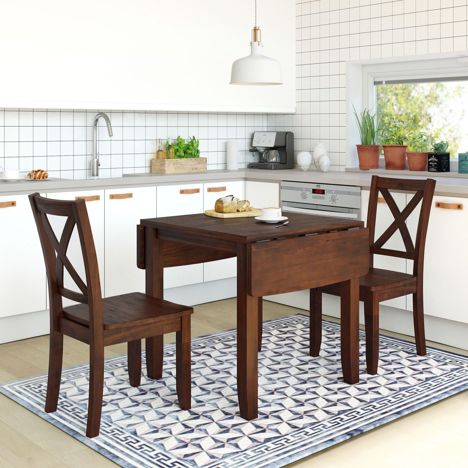 JASMODER SH000164AAD 3-Piece Wood Drop Leaf Breakfast Nook Dining Table Set With 2 X-Back Chairs For Small Places, Brown