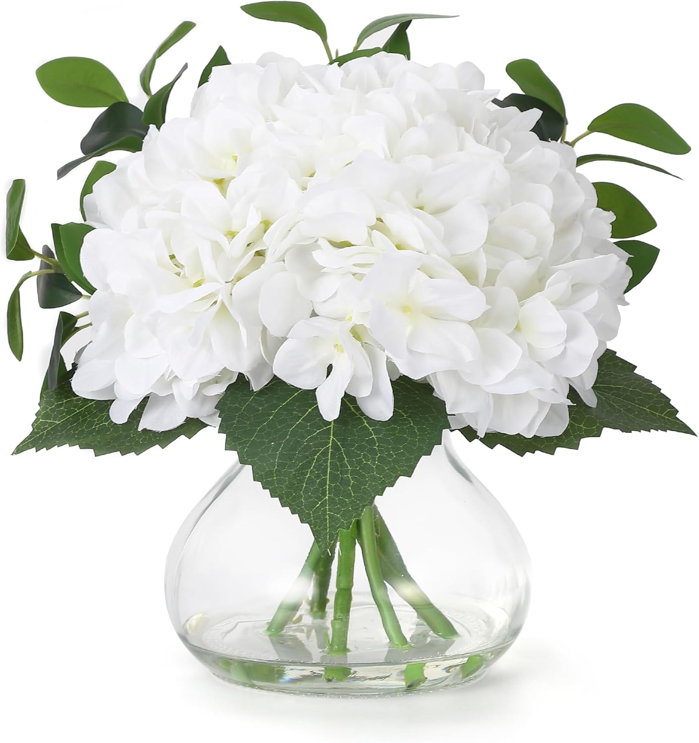 Garvee - Silk Faux Hydrangea Flower Arrangement in Glass Vase with Faux Water for Home Wedding Ta...
