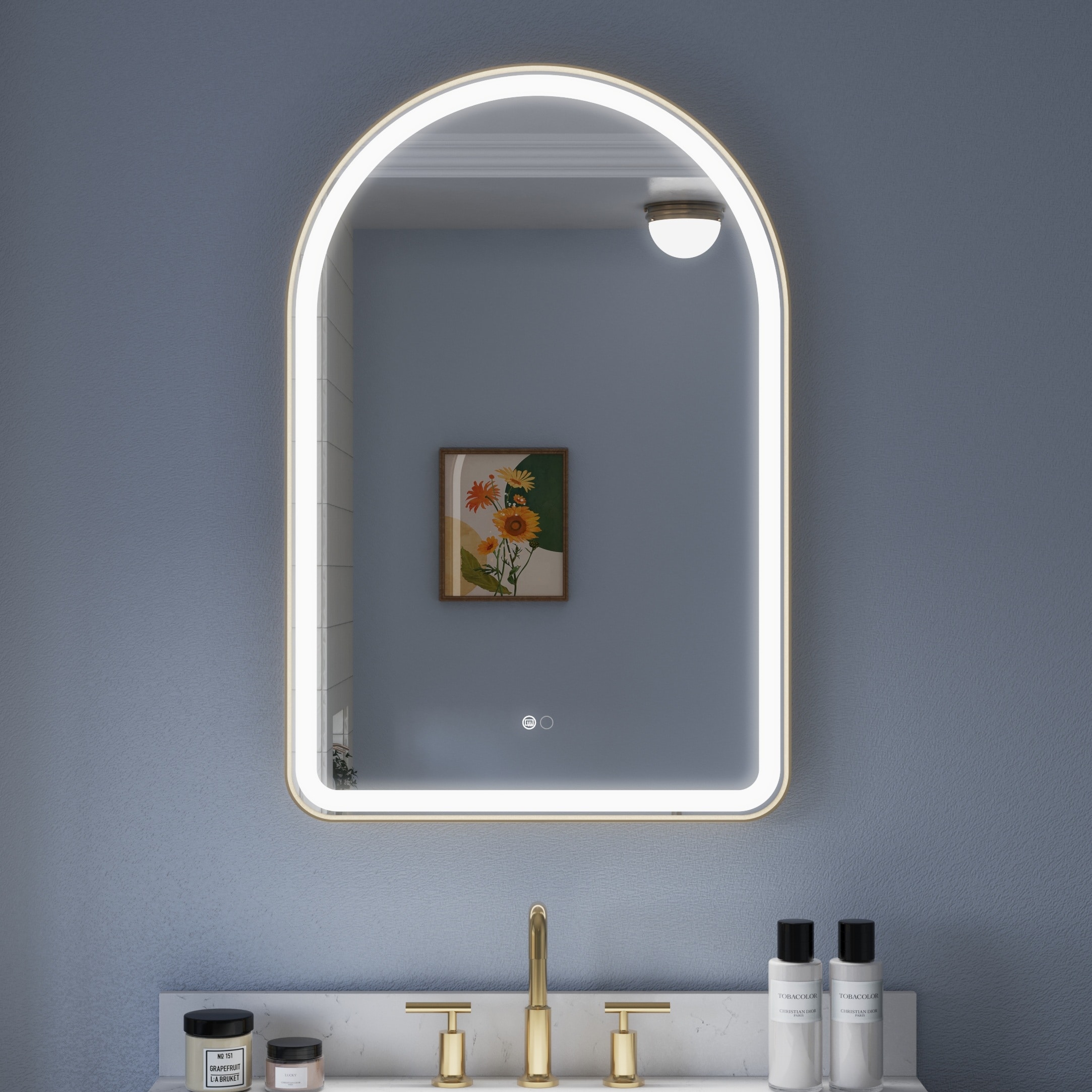 Gtnali 24-in W x 36-in H Brushed Gold Arch Wall-Mounted Framed Lighted Vanity Mirror Dimmable LED Bathroom Mirror Lighted Vanity Mirror with Defogger