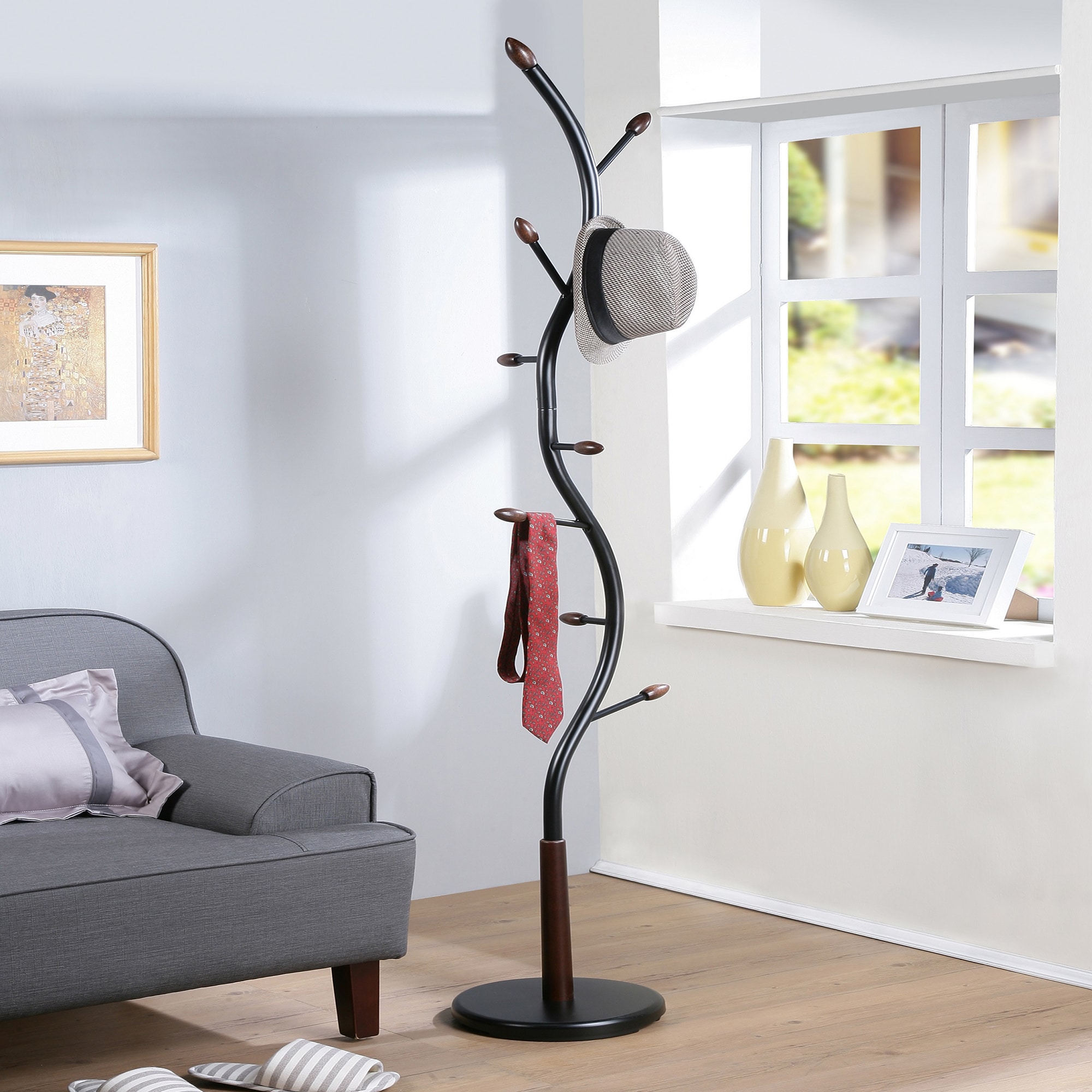 Black Metal Freestanding Coat Rack with Walnut-Tipped Hooks