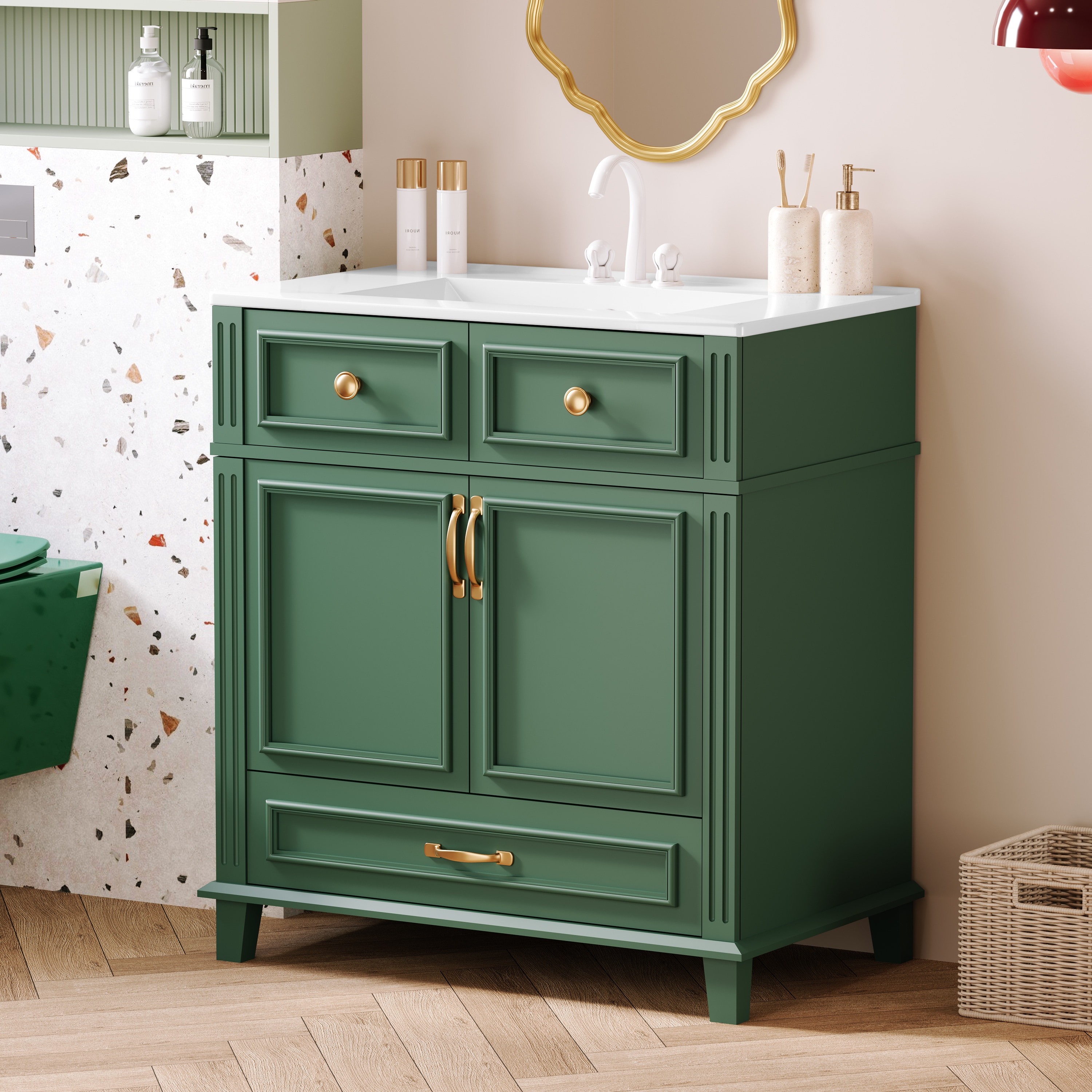 LOVMOR SF-M-N710P190656F 30Inch Bathroom Vanity with Ceramic Sink Solid Wood Frame Bathroom Storage Cabinet with Soft Closing Doors Retro Style Green