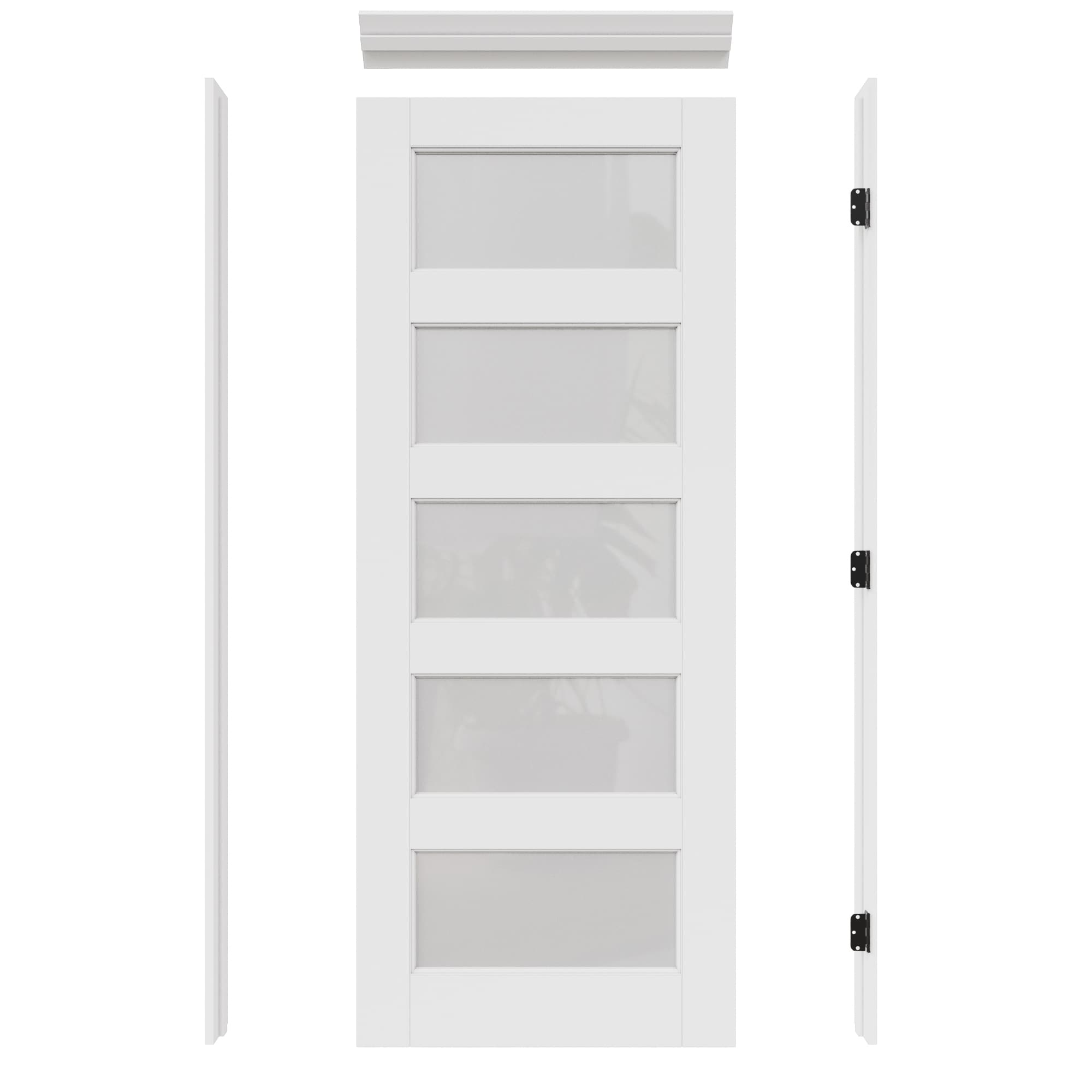 JUJUBON IN-PRE530L 30-in x 80-in White Quickly Assemble Jamb Solid core 5-panel square Frosted glass Left hand Smooth Prefinished MDF Flat Jamb Single Prehung Interior Door