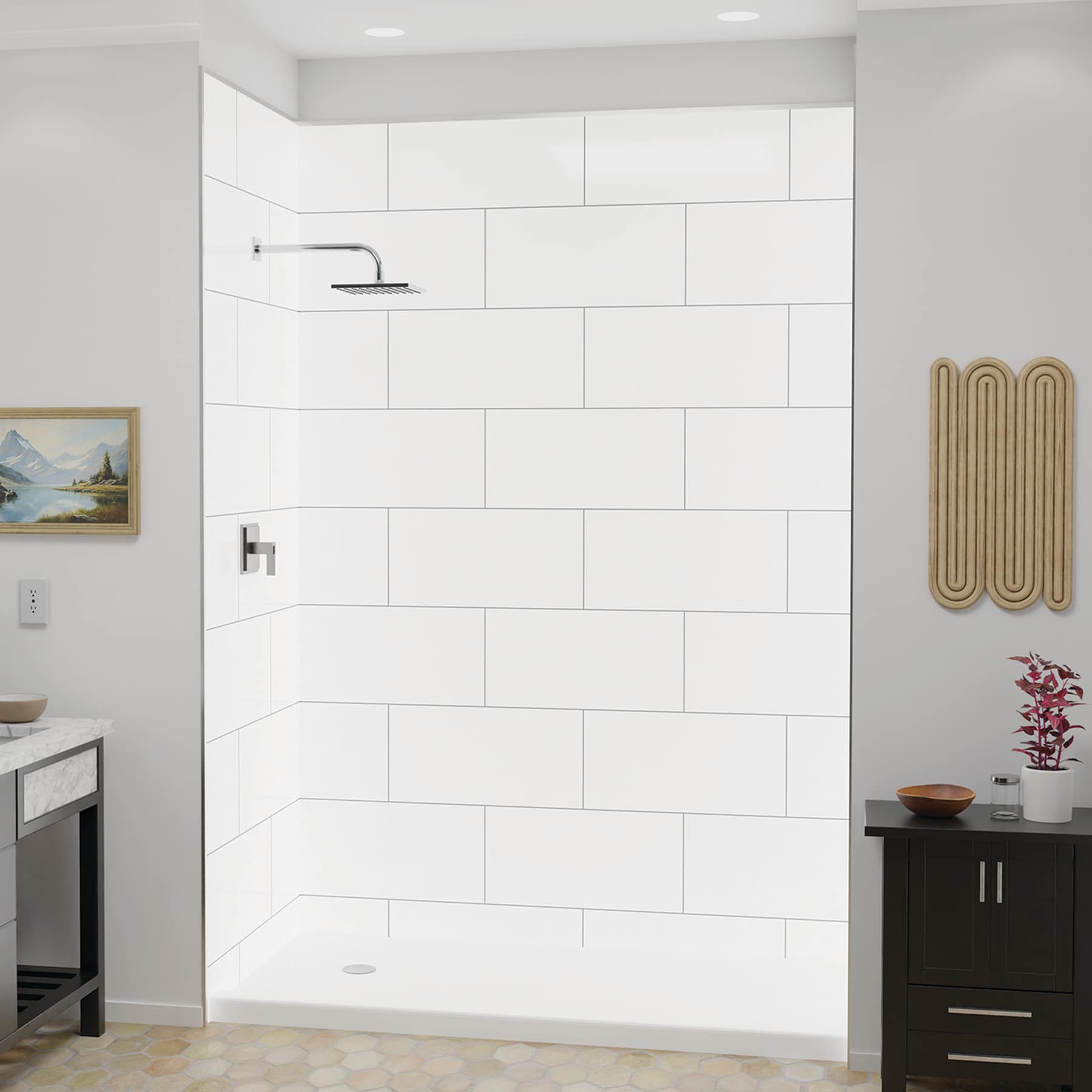 FlexStyle 60" x 36" x 80" White and Gray Block Shower Wall Surround with Brushed Nickel Trim
