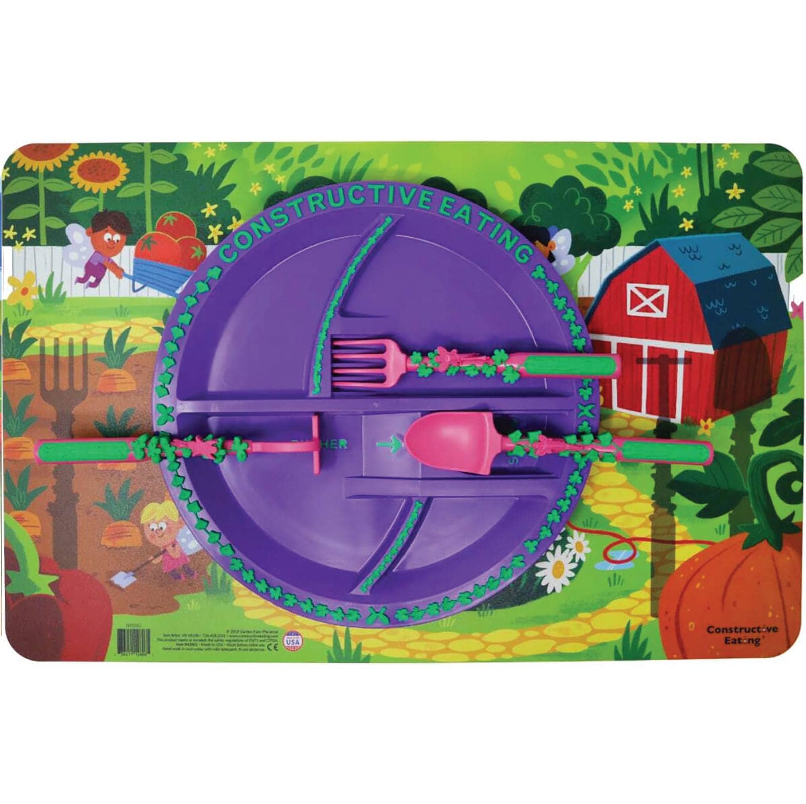 Constructive Eating  Garden Fairy Utensil Divided Plate and Placemat Set for Kids and Toddlers
