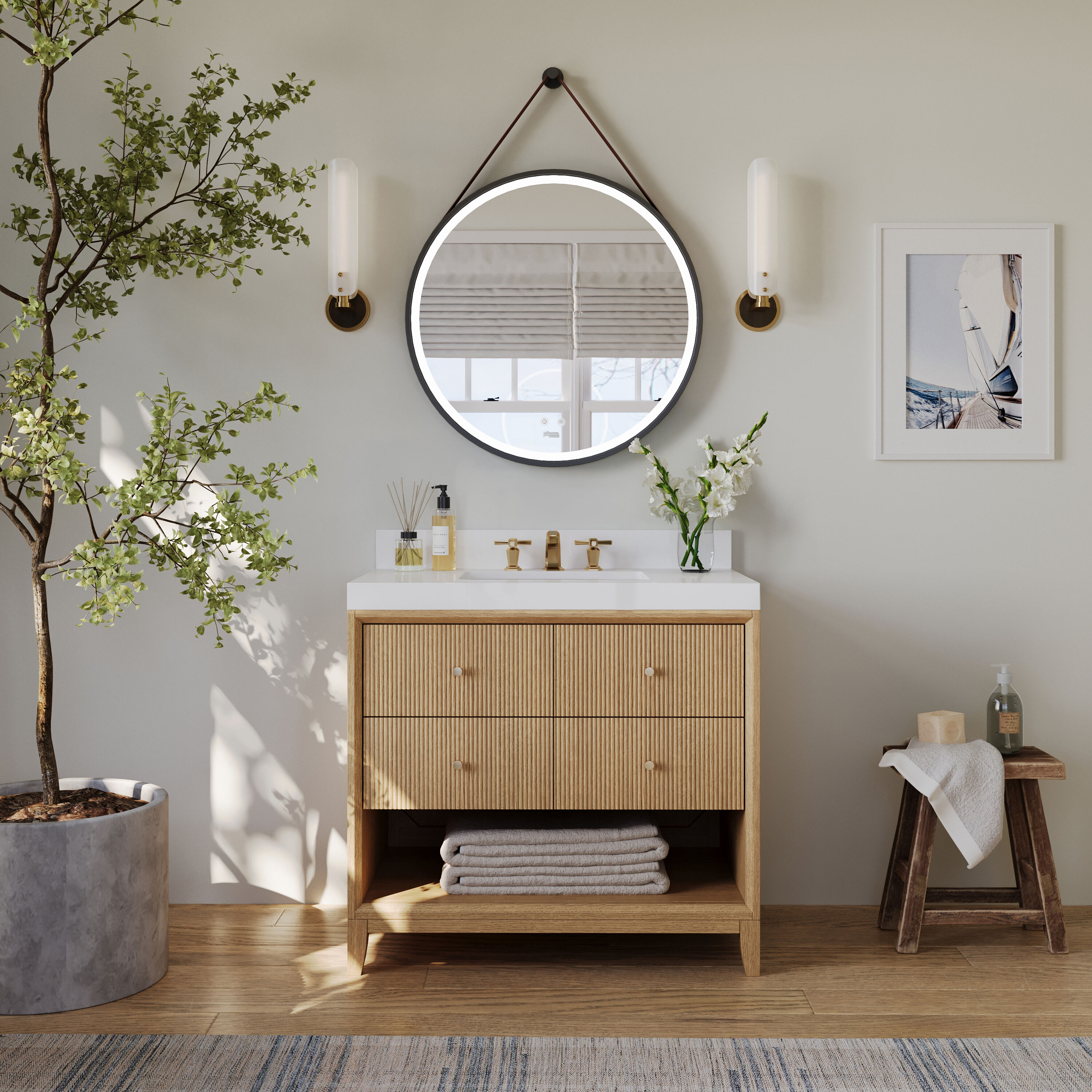 Ancerre Designs VTS-MOMO-36-OAK-WQZ Momo 36-in Oak Undermount Single Sink Bathroom Vanity with White Quartz Top