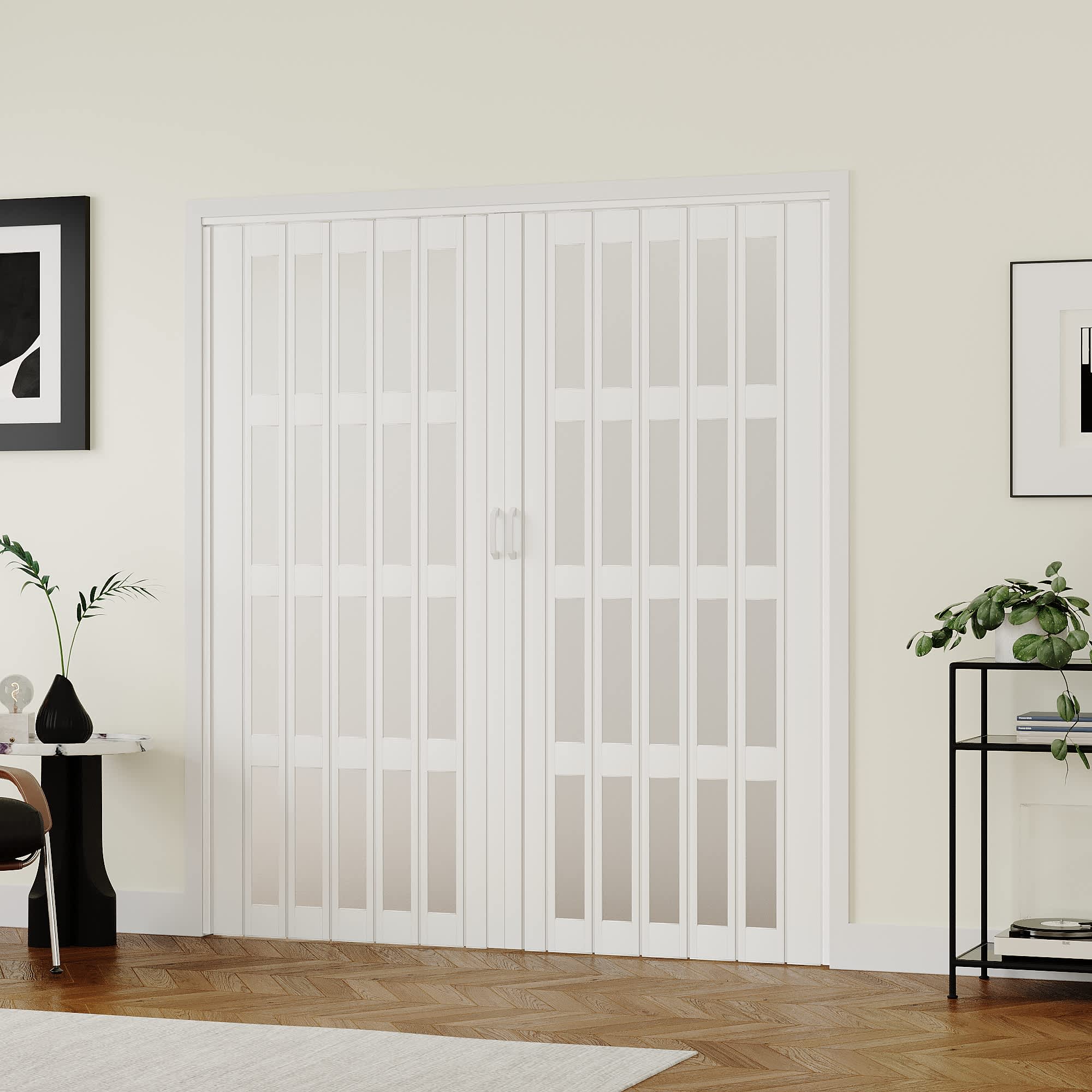 HYALON Accordion Doors with Magnetic Closure  Privacy Room Divider for Internal Use with Track  Hardware  Handle  Adjustable Height  Easy Installation White 4 lite Glass 76-in x 80-in