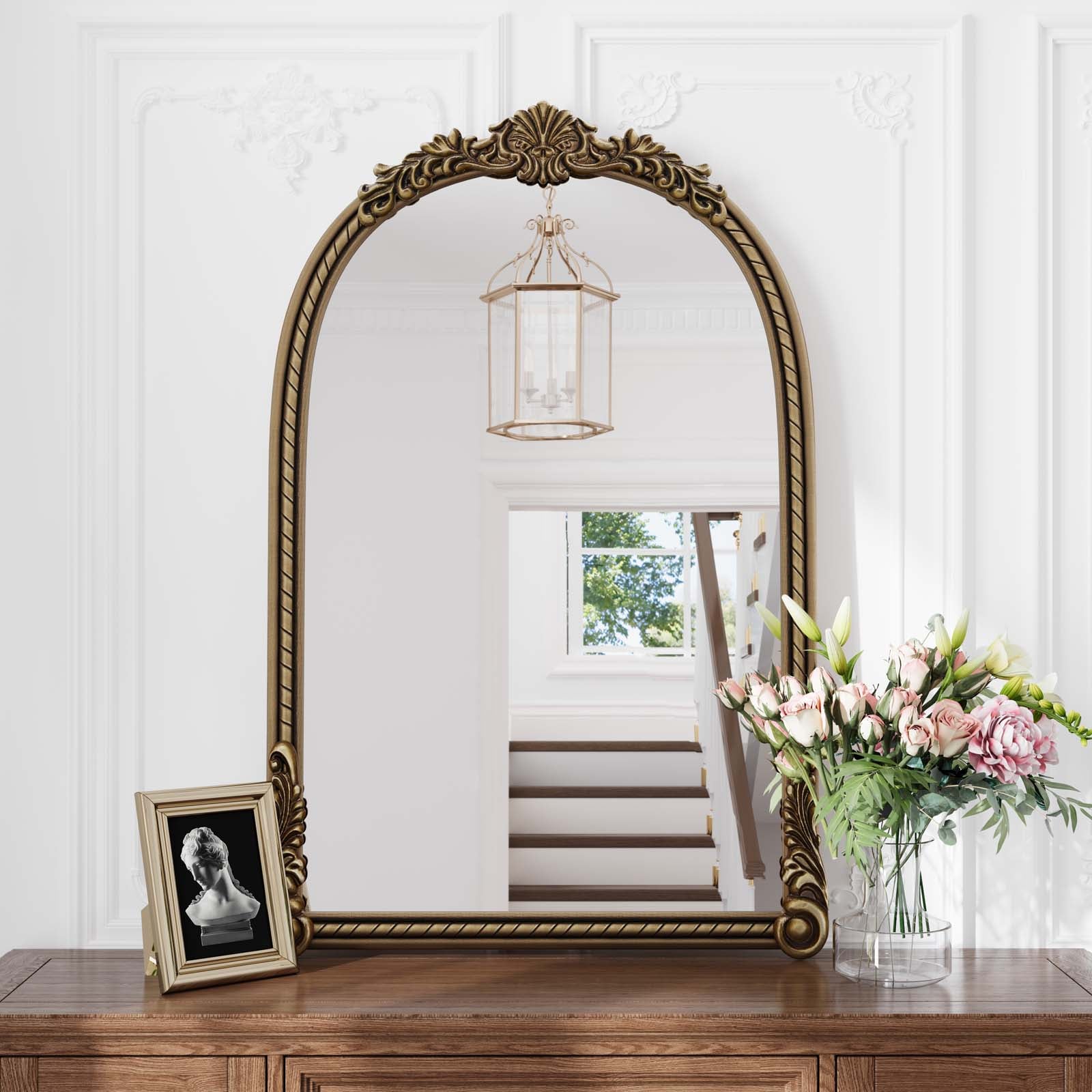 Antique Gold 24.8 in. W x 37 in. H Arch Vintage Relief Mirror Metal Framed Wall Mirror Elegant Retro Decorative Mirror Entryway Mirror