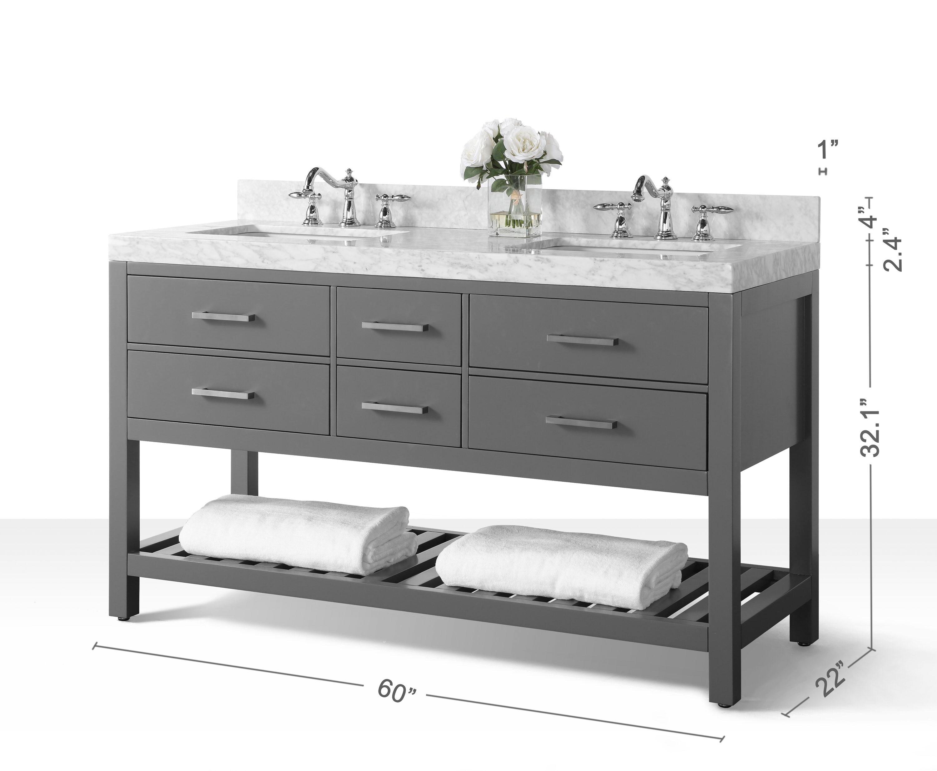 Elizabeth 60'' Sapphire Gray Double Vanity with Carrara Marble Top