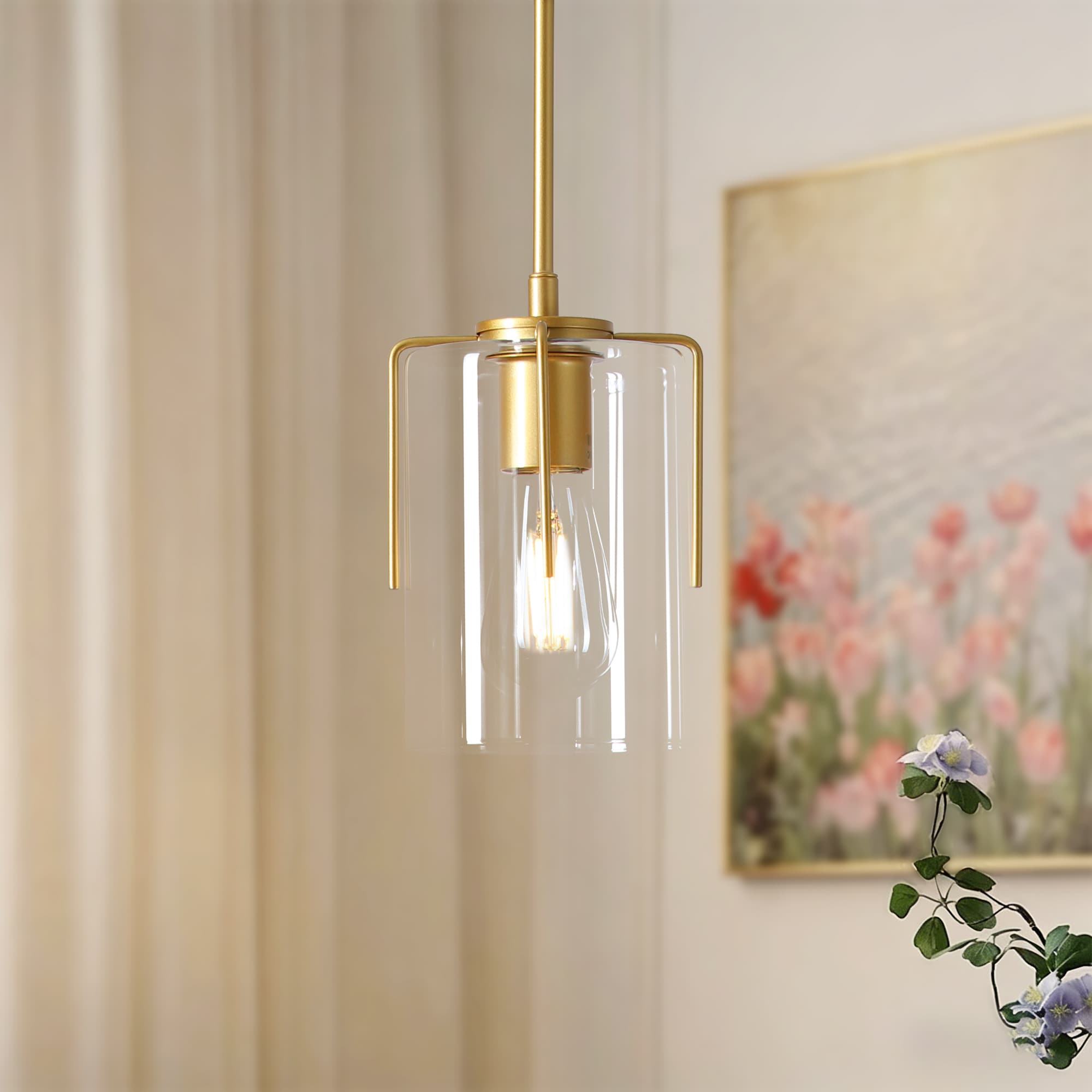 JUSHUA Farmhouse Gold 1 Light Clear Glass Kitchen Island Pendant Light Adjustable Hanging Ceiling Fixture for Dining Entryway Hallway Bedroom