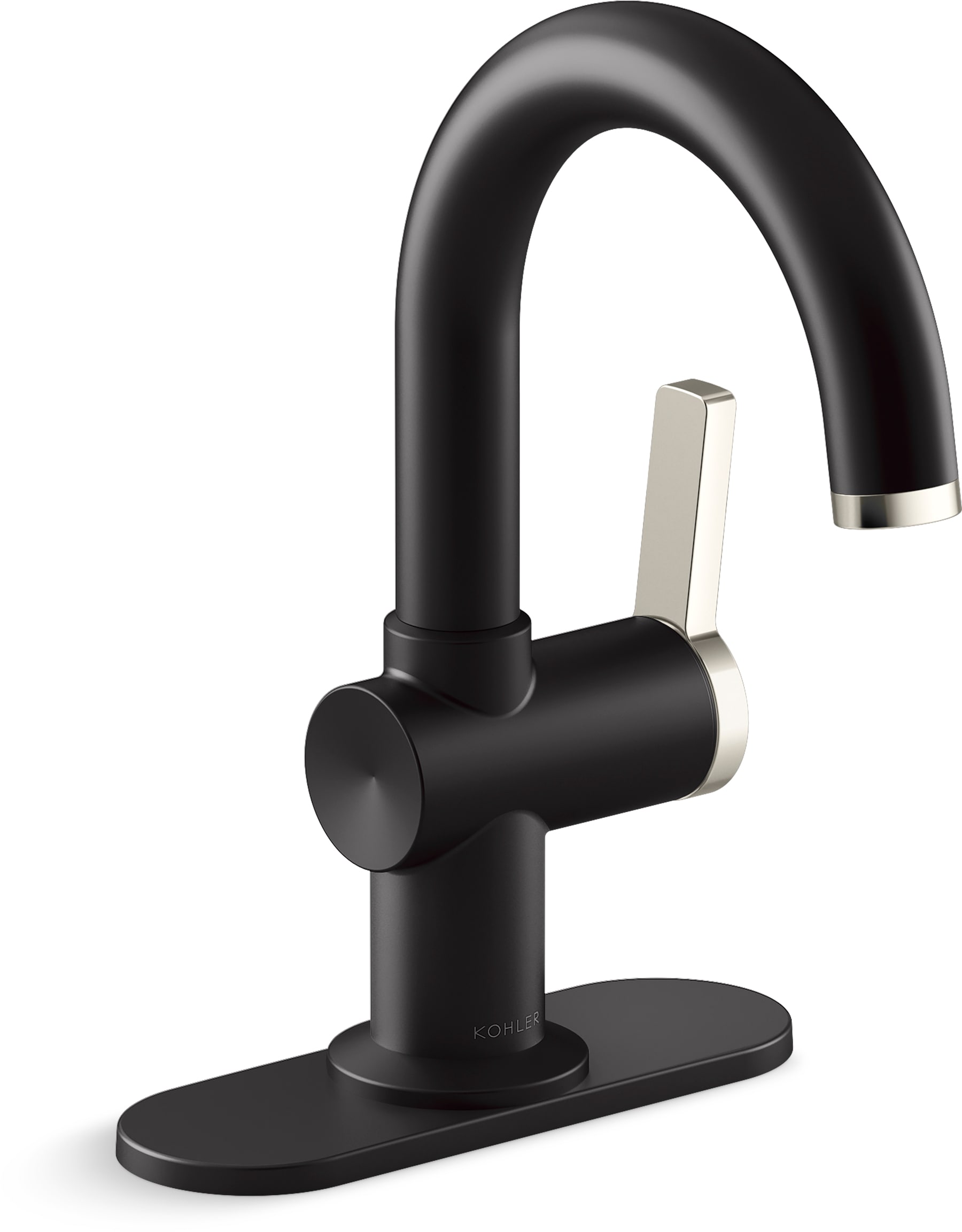 KOHLER REC28731-4D-BSN Premise Matte Black/Polished Nickel Single hole 1-handle WaterSense High-arc Residential Handle Bathroom Sink Faucet with Drain with Deck Plate
