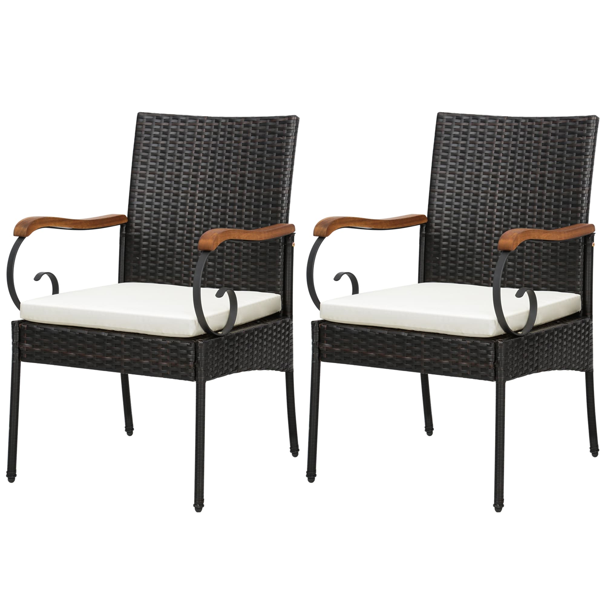Costway HW70833-2 Set of 2 Wicker Brown Metal Frame Stationary Dining Chair with Off-white Solid Seat