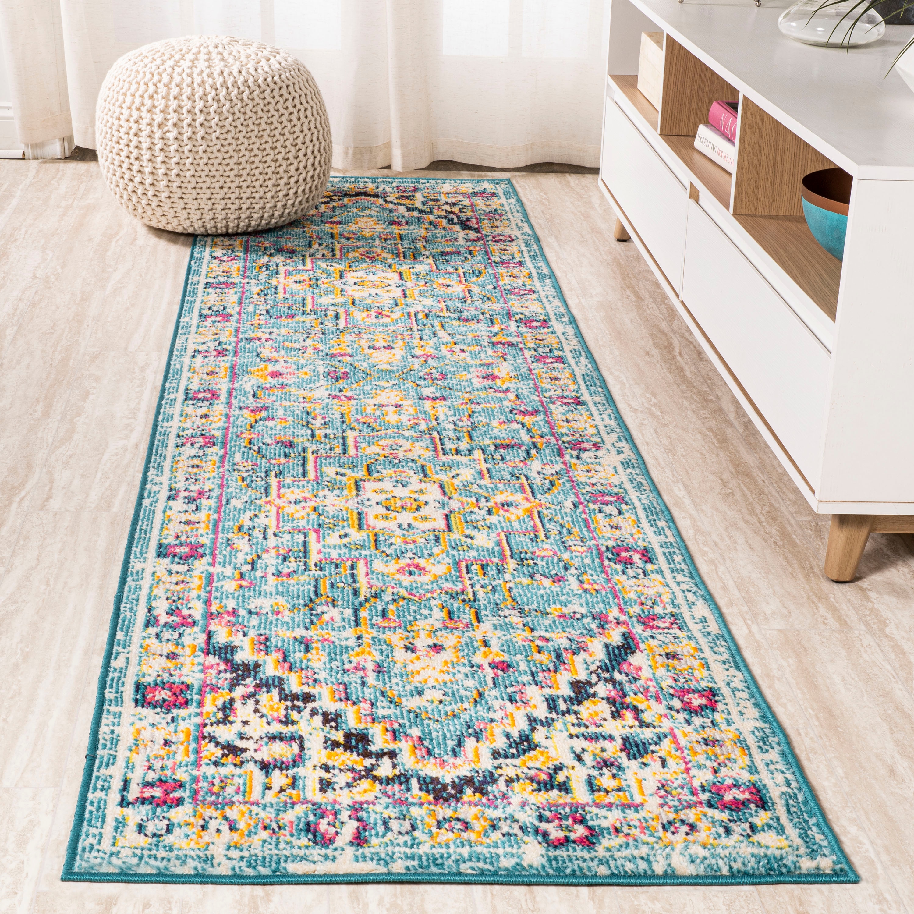 JONATHAN  Y MDP207E-28 MODERN PERSIAN Brooklyn Geometric 2 x 8 (ft) Loomed Polypropylene Blue/Multi Rectangular Indoor Medallion Persian Runner rug