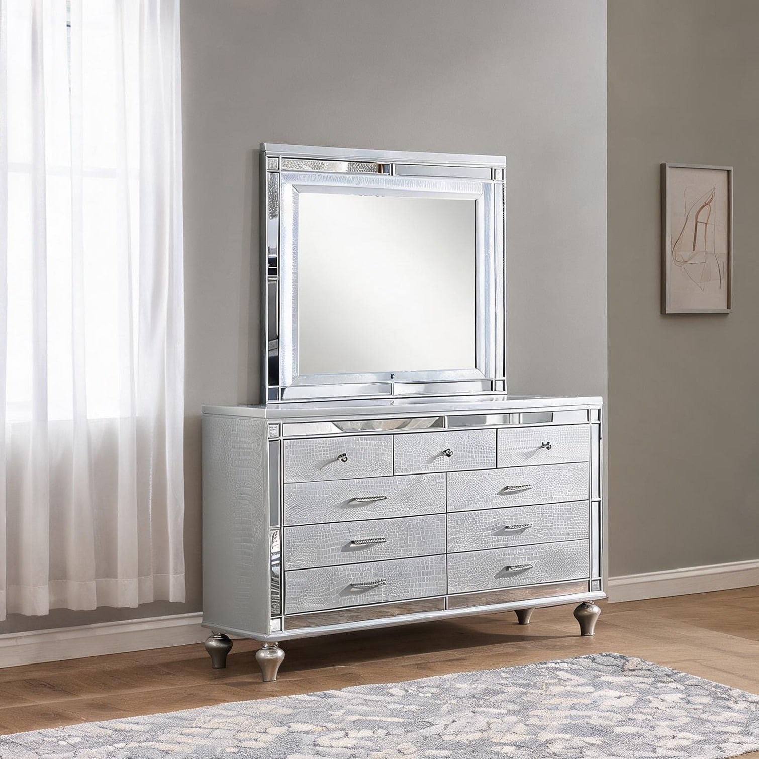 grey glass dresser Watnature Double with 2 Drawers and Panel Accents Classic Silver Solid Wood Glam Style in the Dressers department at Elvera