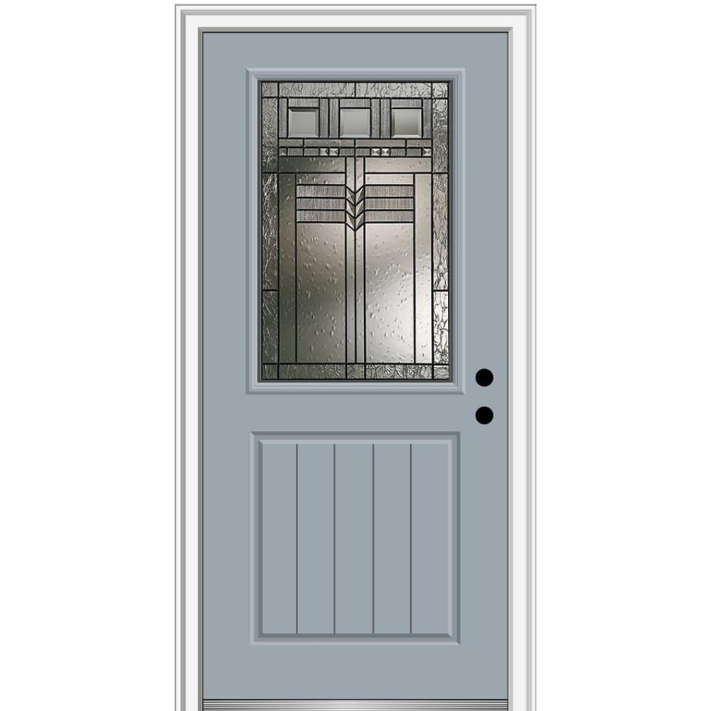 MMI DOOR ZZ3664407L 36-in x 80-in x 6-9/16-in Fiberglass Half lite Left-hand inswing Storm Cloud Painted Prehung Front Door with Brickmould Insulating core