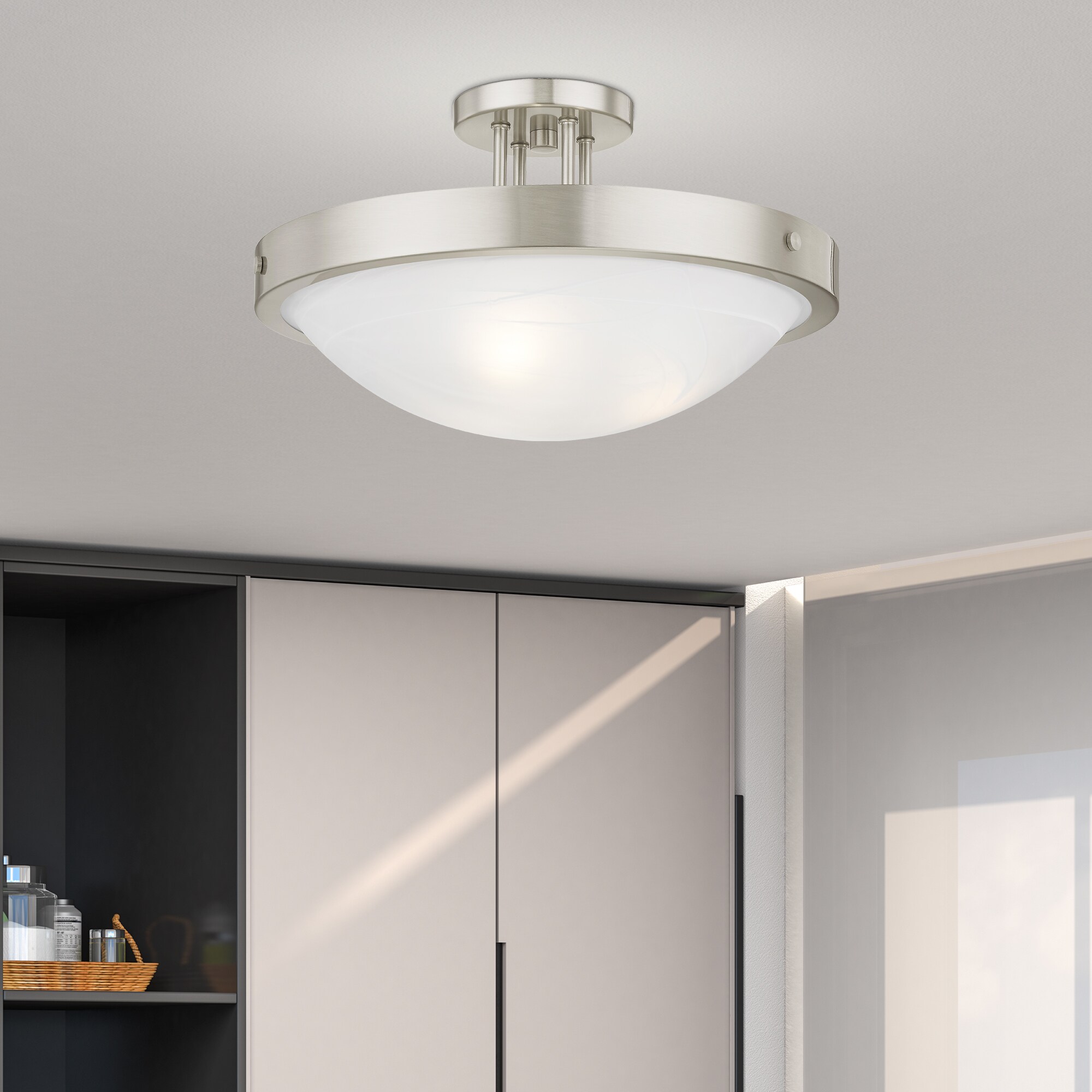 Brighton Alabaster Glass Bowl 3-Light Semi-Flush Mount in Brushed Nickel