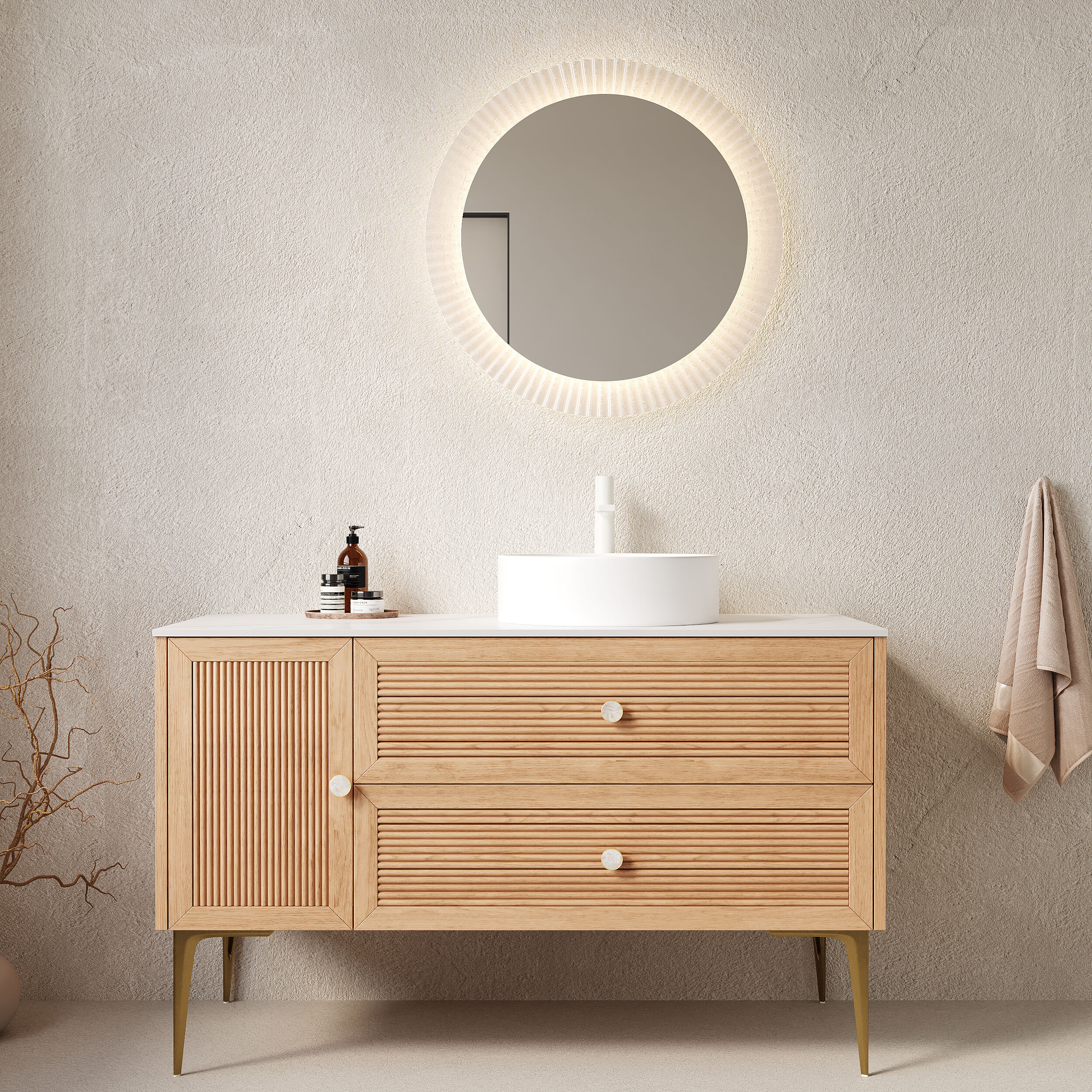 Tatayosi RY-15S00130 48 inches Bathroom Vanity with Sink Freestanding Plywood Storage Cabinet with 4 Metal Legs One Door and 2 Drawers White Ceramic Basin without Faucet Pre-assembled Oak Woodgrain Color