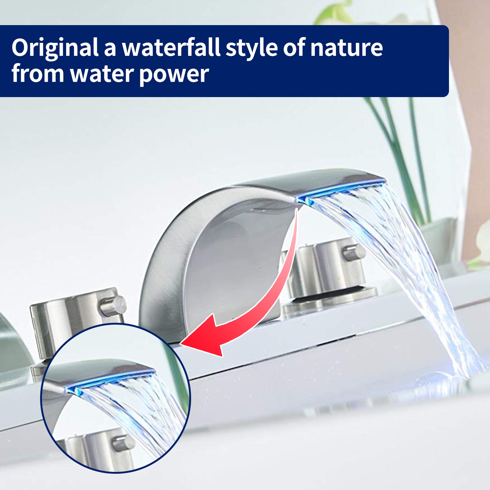Brushed Nickel 8-Inch Widespread Waterfall Bathroom Faucet with LED Light