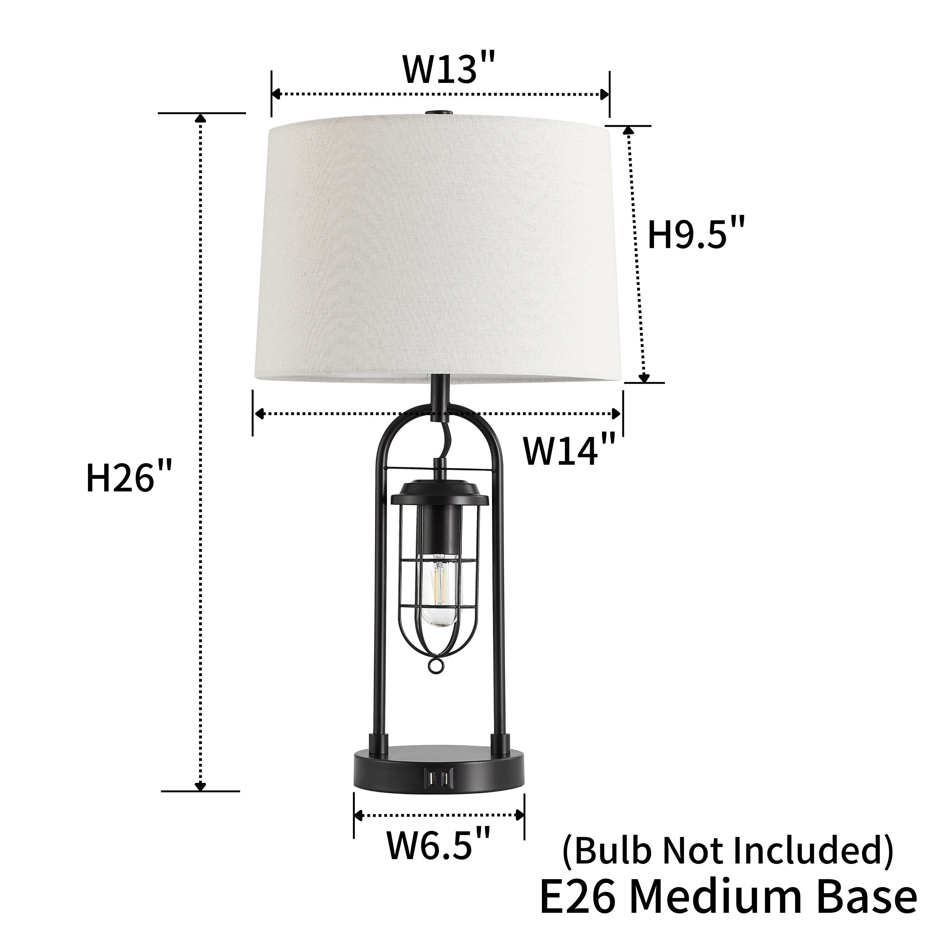 Industrial Black Arc Table Lamp with USB Ports and Fabric Shade